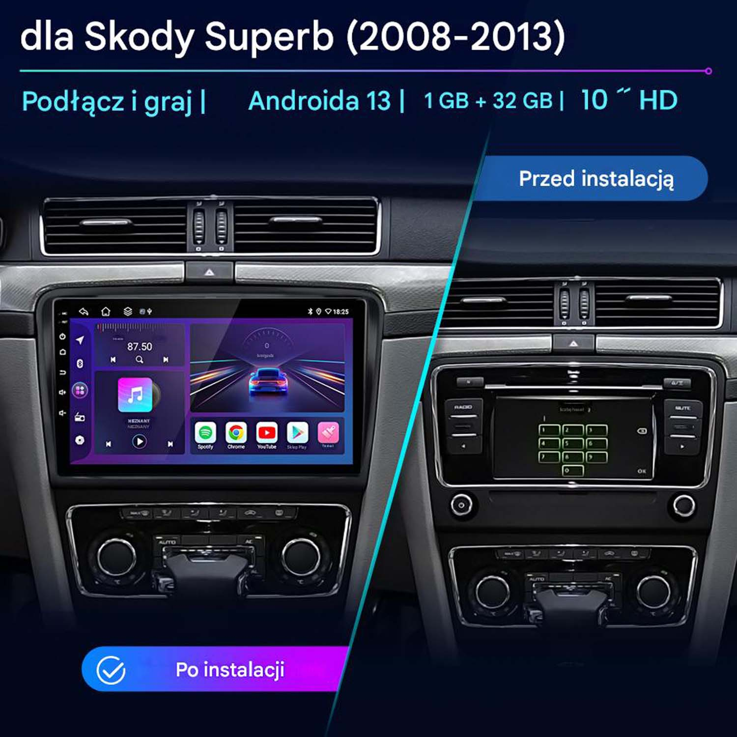 Porównanie deski rozdzielczej samochodu: starsze radio po prawej, ekran Android po lewej, z aplikacjami jak Spotify.