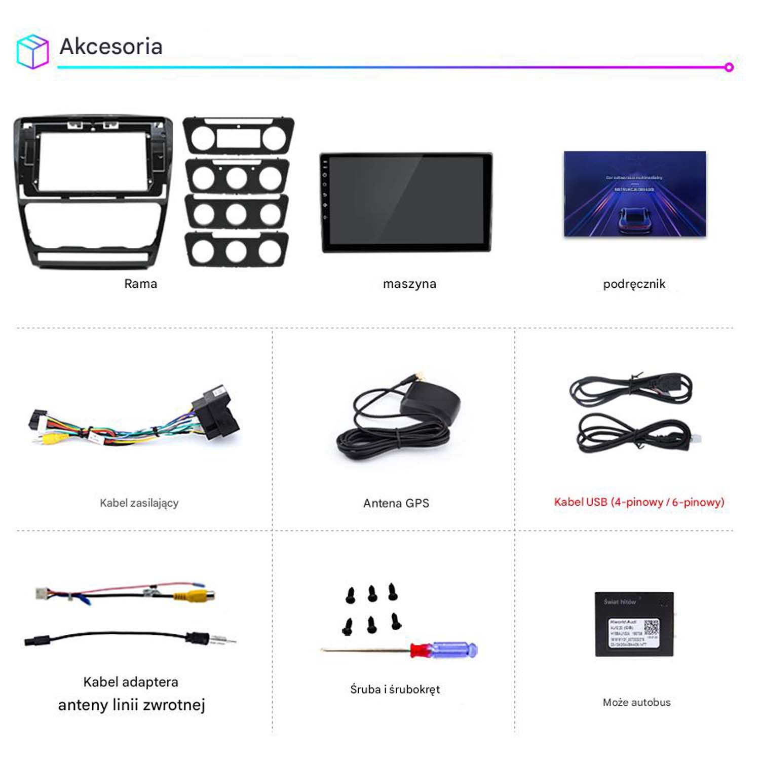 Kolekcja akcesoriów audio do samochodu: rama, maszyna, ekran, kable, antena, śruby i inne.