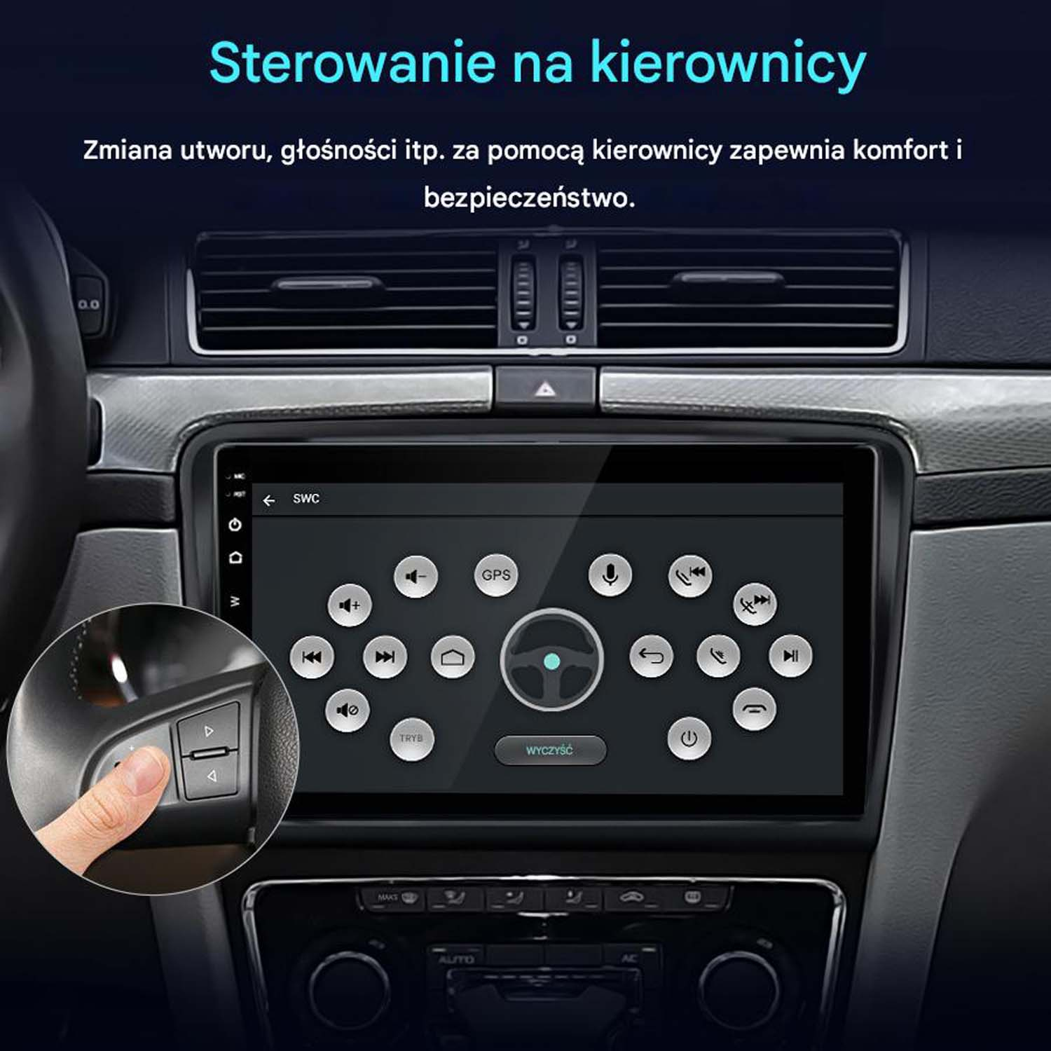 Ekran samochodowego systemu multimedialnego wyświetlający elementy sterowania kierownicą i opcje.