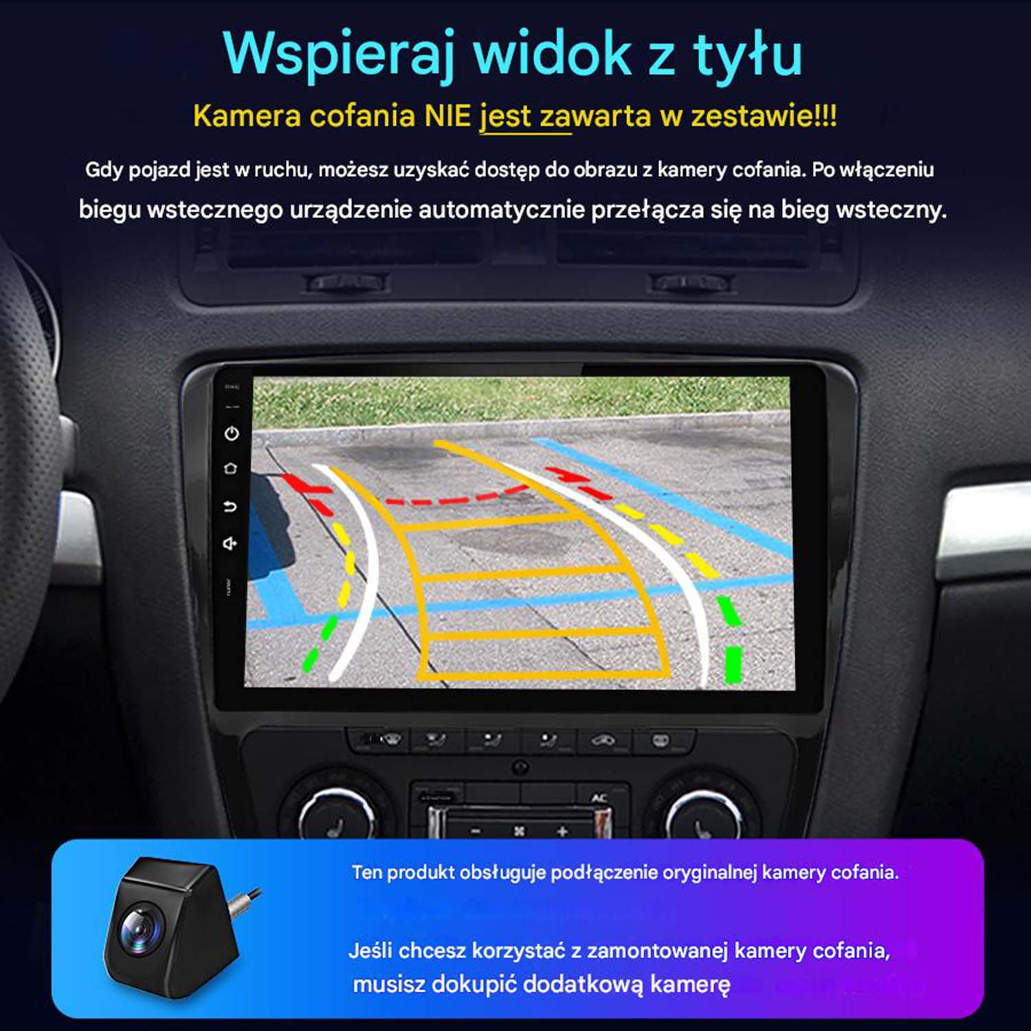 Ekran deski rozdzielczej samochodu pokazujący widok asystenta parkowania z liniami prowadzącymi.