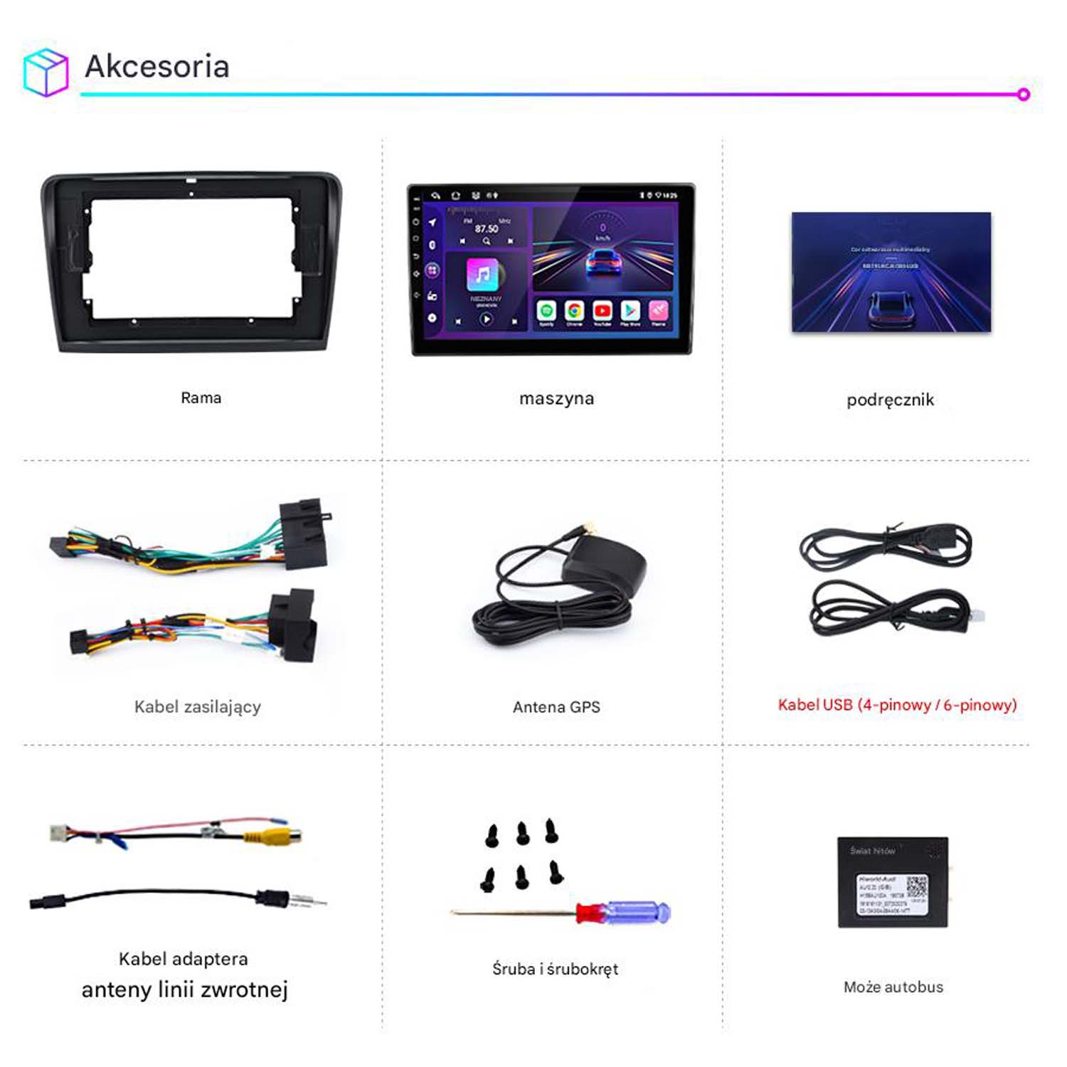 Różne akcesoria do instalacji radia samochodowego, w tym ramka, ekran i kable.