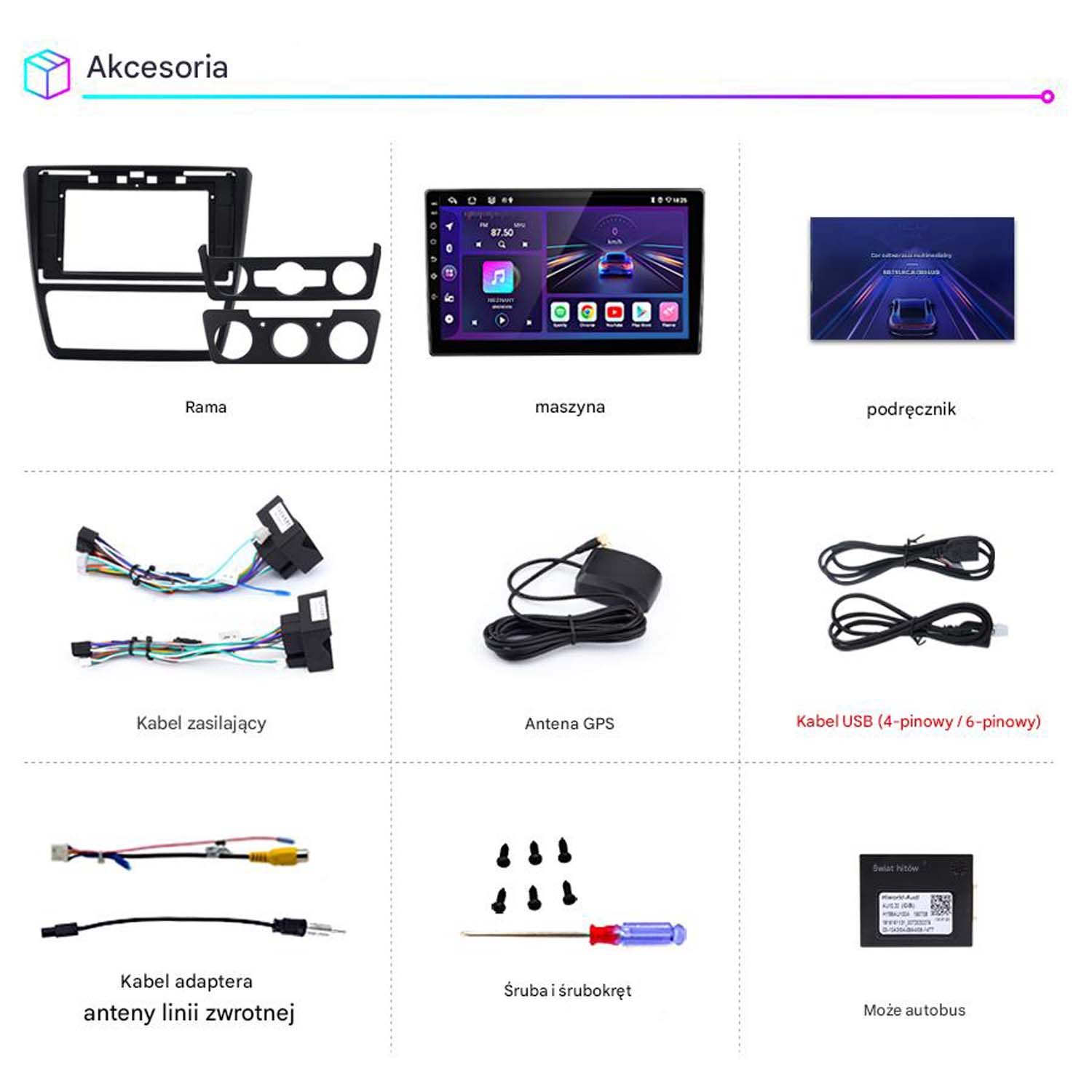 Różne akcesoria do instalacji radia samochodowego, w tym ramka, ekran i kable.