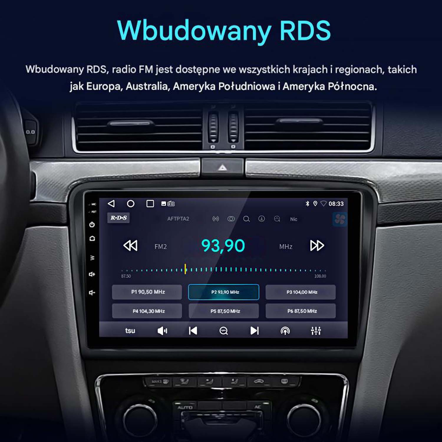 Ekran radia samochodowego pokazujący częstotliwość FM i przyciski sterowania na desce rozdzielczej.