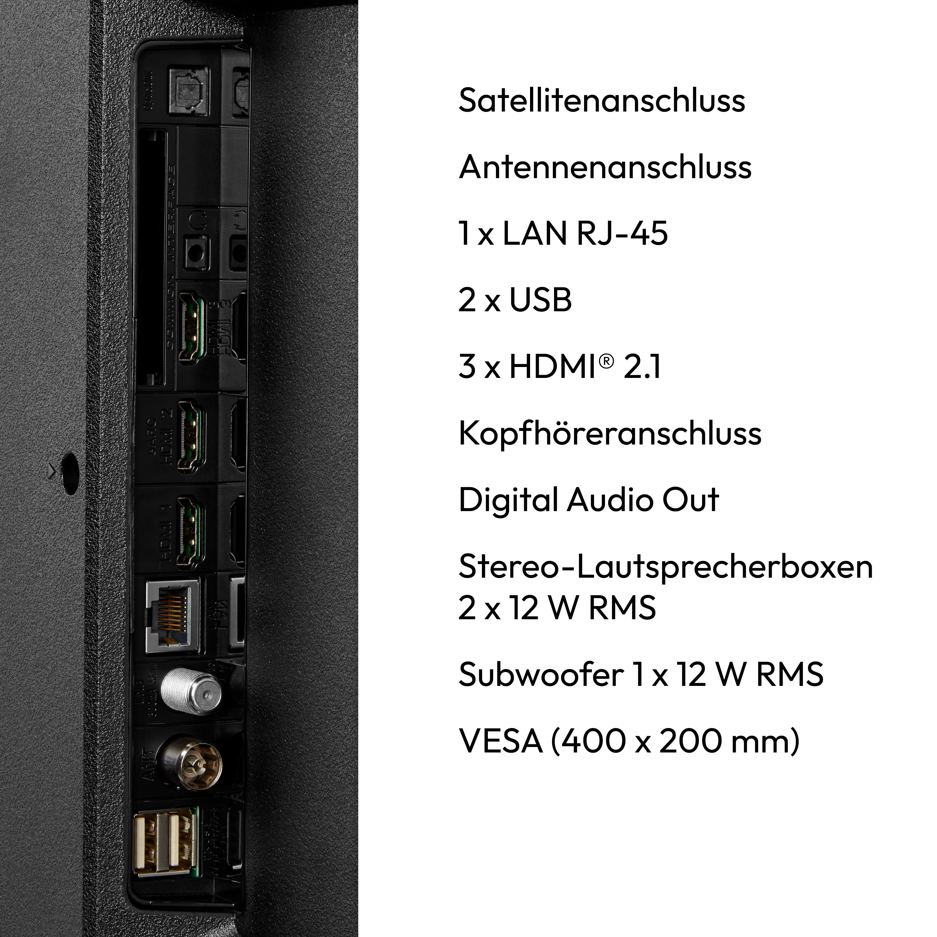 Nahaufnahme der Rückseite eines Fernsehers mit verschiedenen Anschlüssen, die auf Deutsch beschriftet sind.