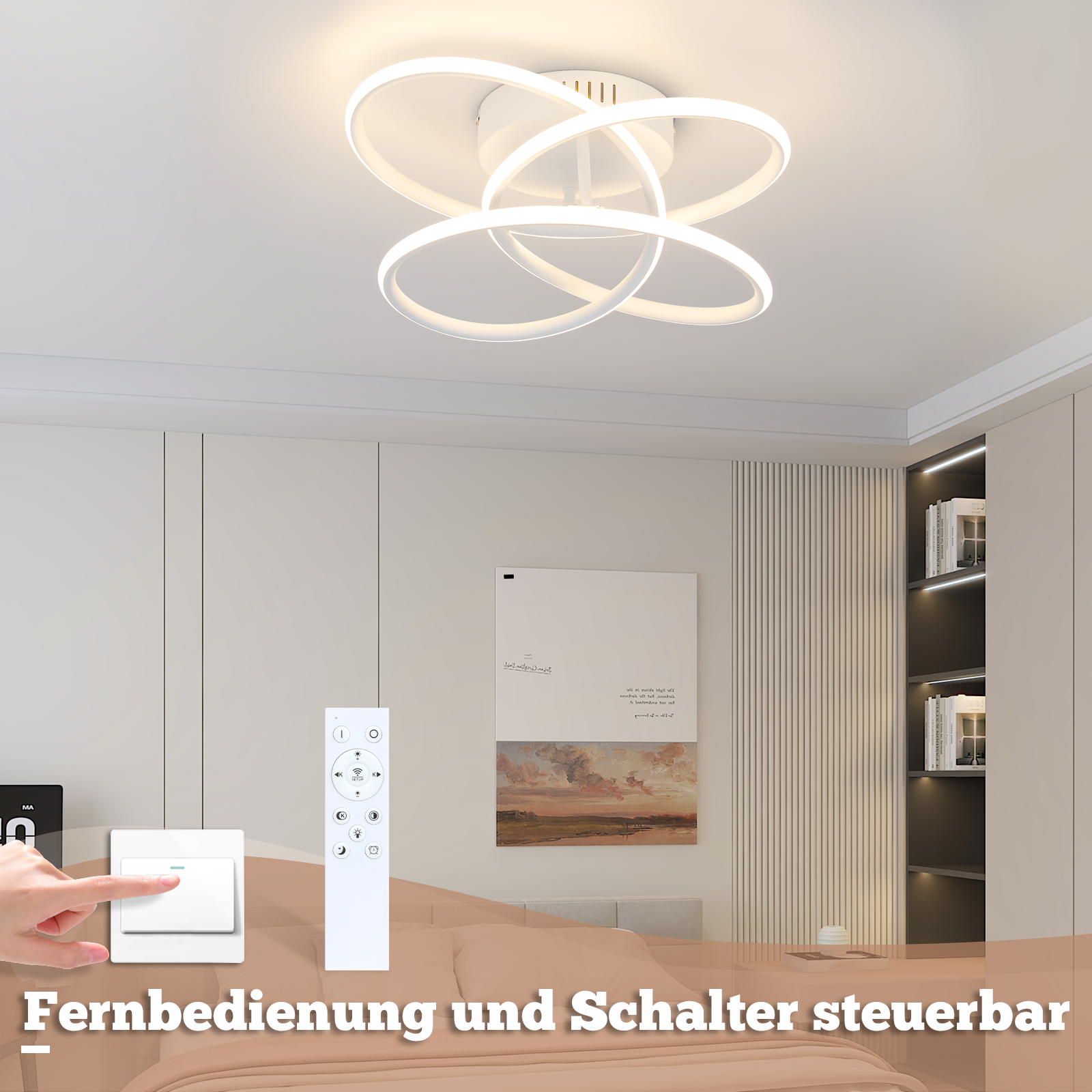 Una lámpara de techo con luces circulares entrelazadas. Una mano enciende un interruptor de luz.