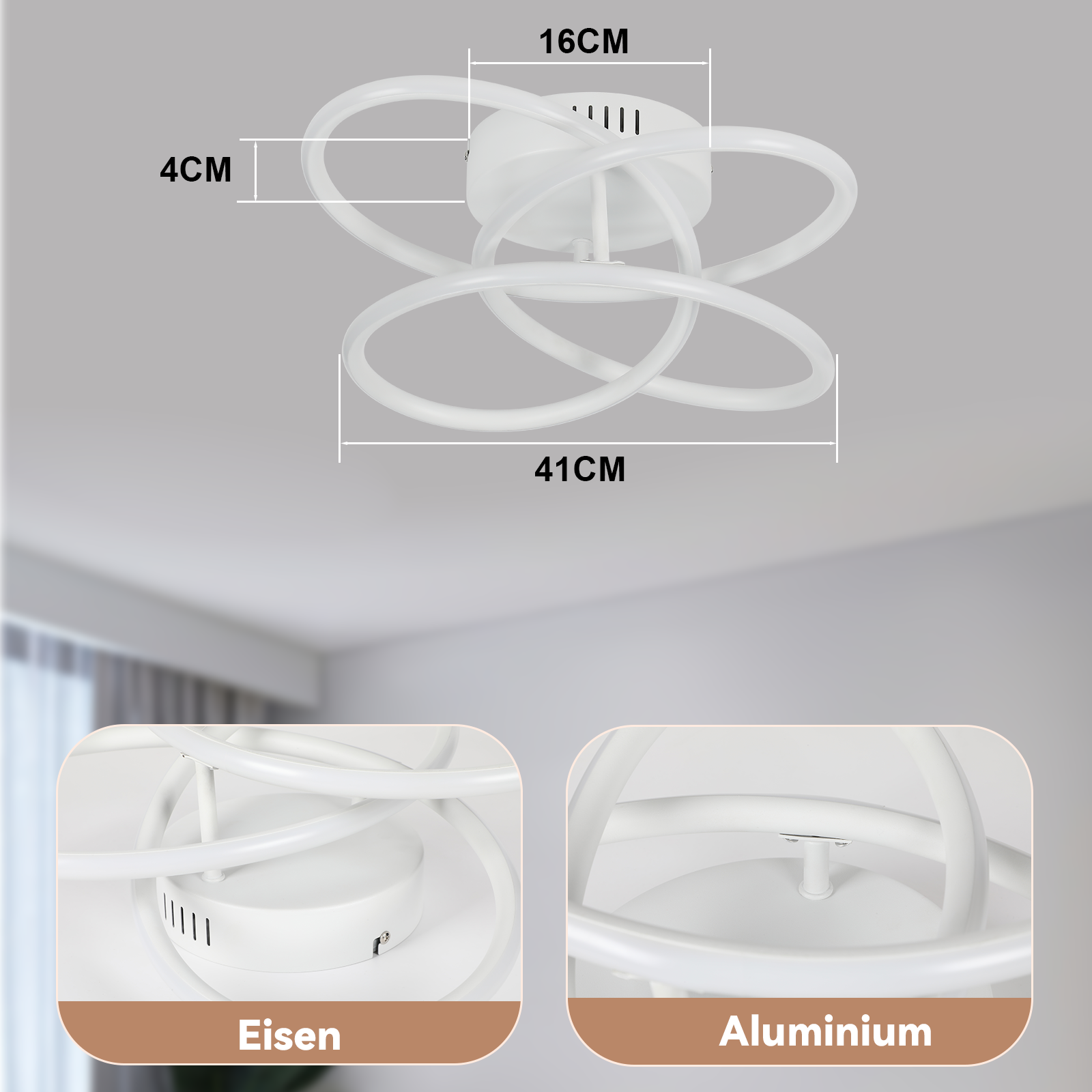 Luz de techo blanca con un diseño circular único, que muestra dimensiones y materiales.
