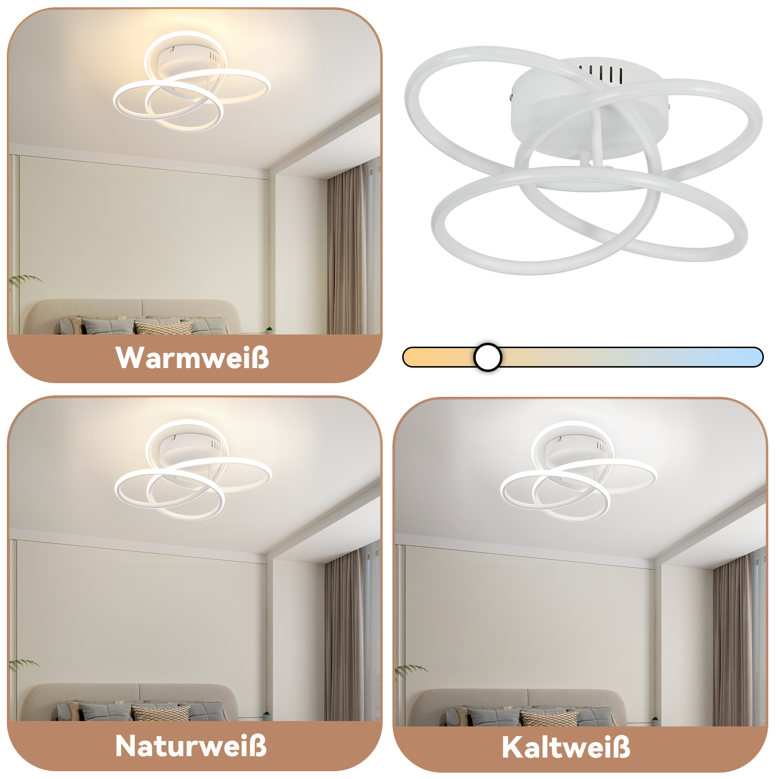 Lámpara de techo blanca con luces circulares entrelazadas. Cuatro imágenes muestran opciones de color de luz.