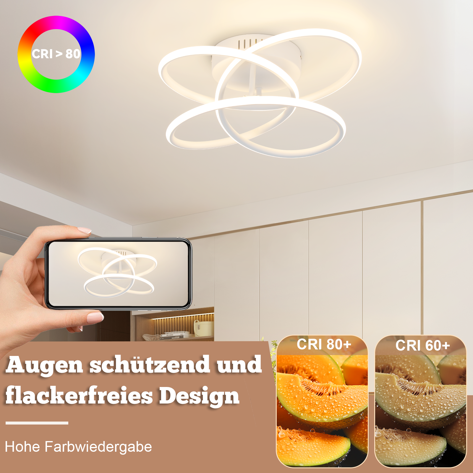 Una lámpara de techo blanca con un diseño moderno, que se muestra con un teléfono que muestra la luz.