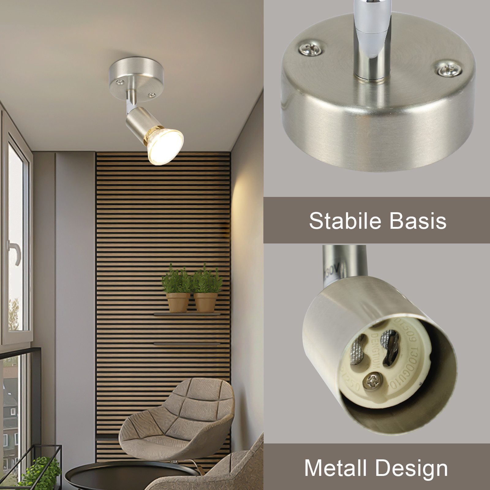 Reflektor na balkonie z rośliną, ze szczegółami podstawy i gniazda żarówki.