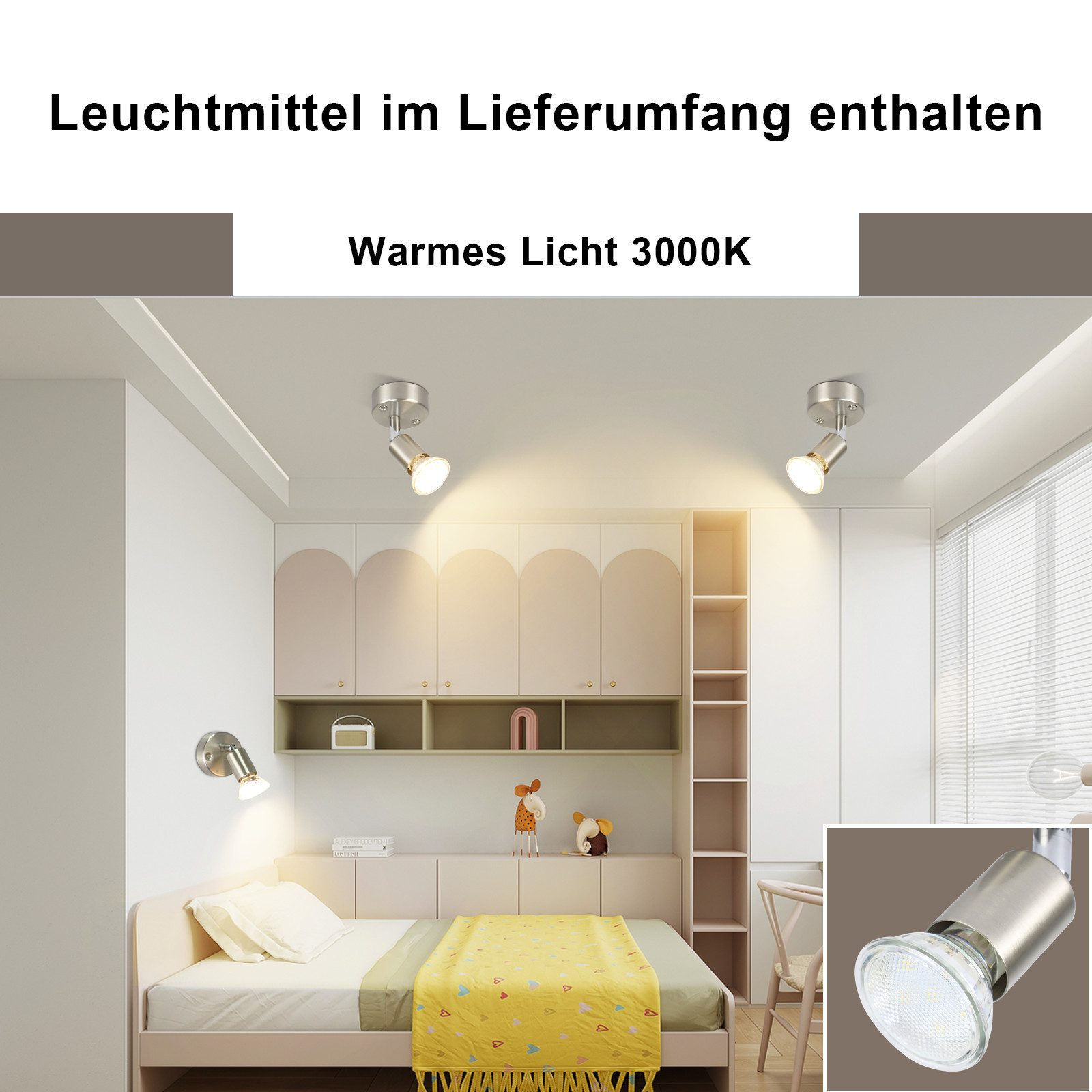 Lampy sufitowe do sypialni z ciepłym białym światłem. Dwie lampy na suficie, jedna na ścianie. Pokój z łóżkiem i szafą.