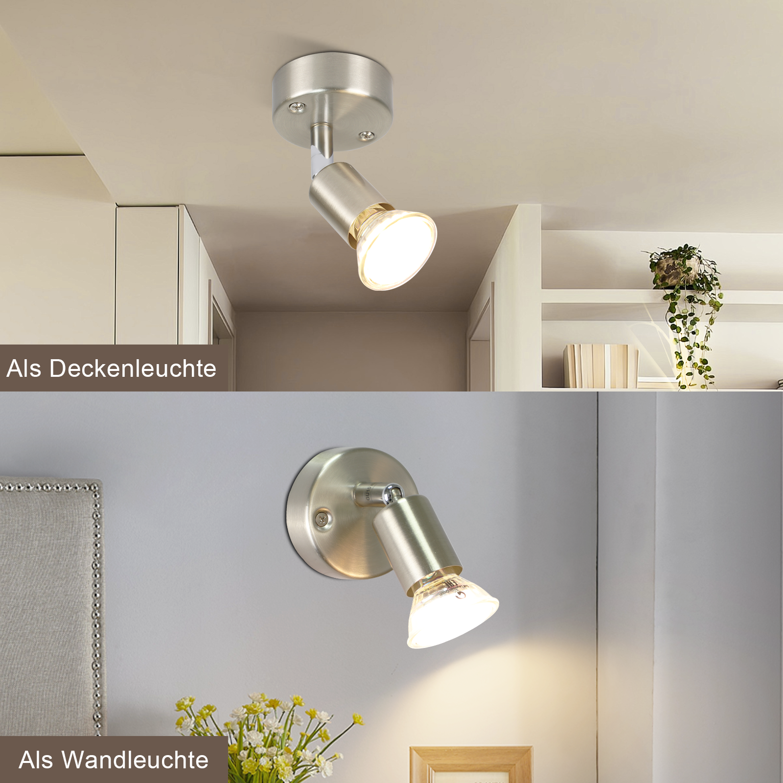 Dwa srebrne reflektory, jeden montowany na suficie, drugi na ścianie, oba podświetlone. Tło: biały sufit, szara ściana i półki.