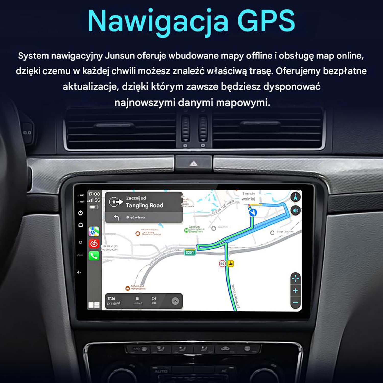 System nawigacji GPS w desce rozdzielczej samochodu z interfejsem mapy wyświetlającym trasę.