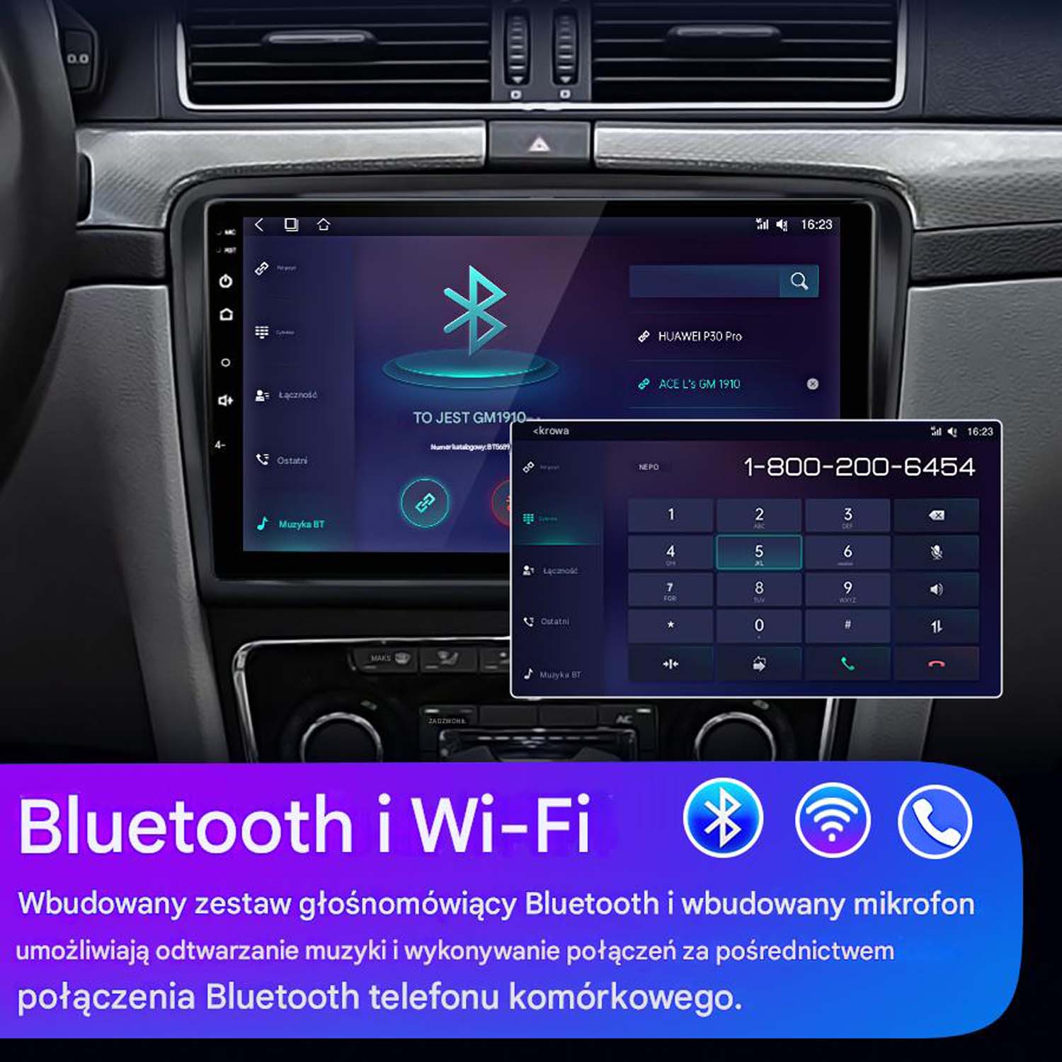 Ekran radia samochodowego pokazujący interfejs telefonu, bluetooth i ekran połączenia z klawiaturą numeryczną.