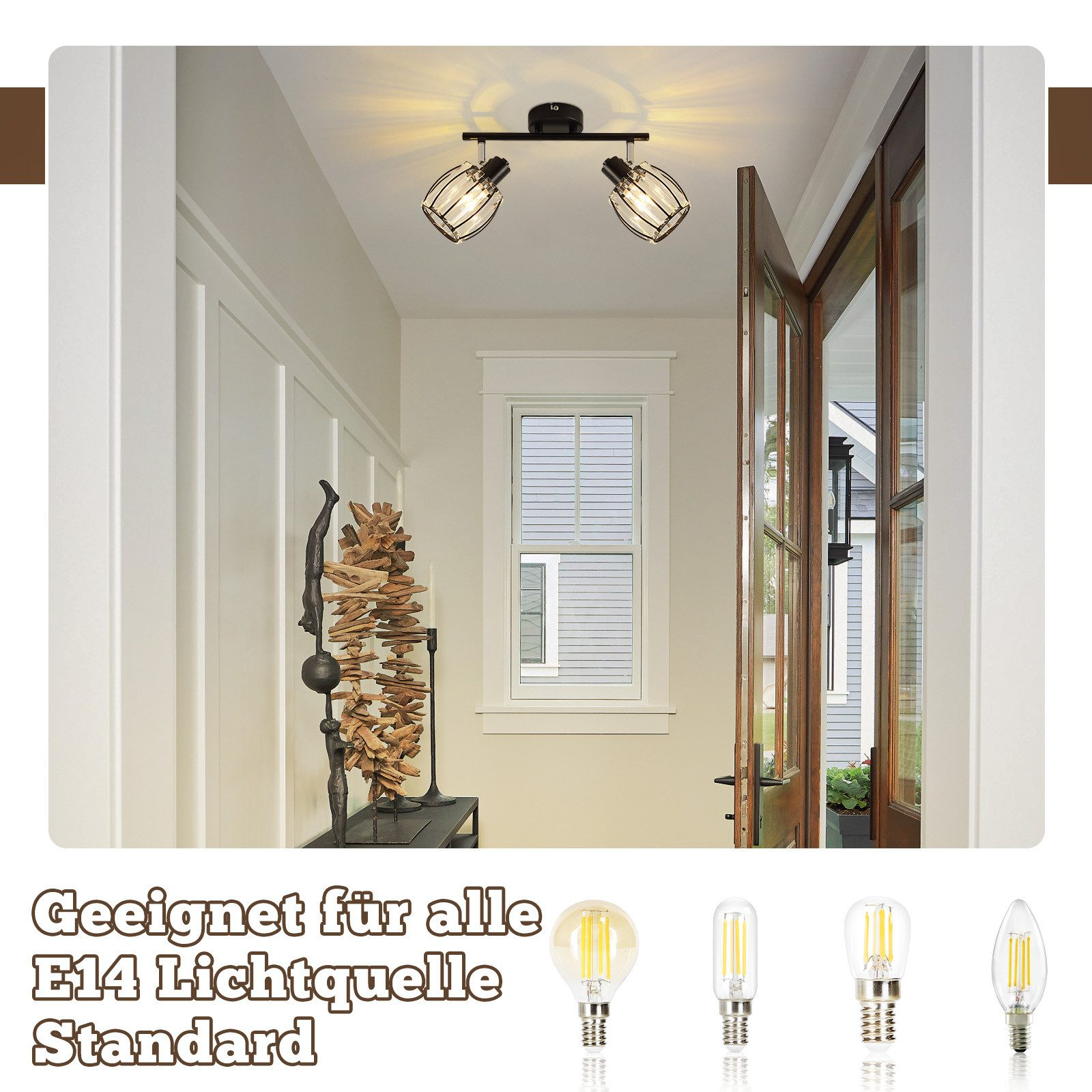 Korytarz z reflektorami sufitowymi i żarówkami, z drzwiami i oknem widocznymi w tle.