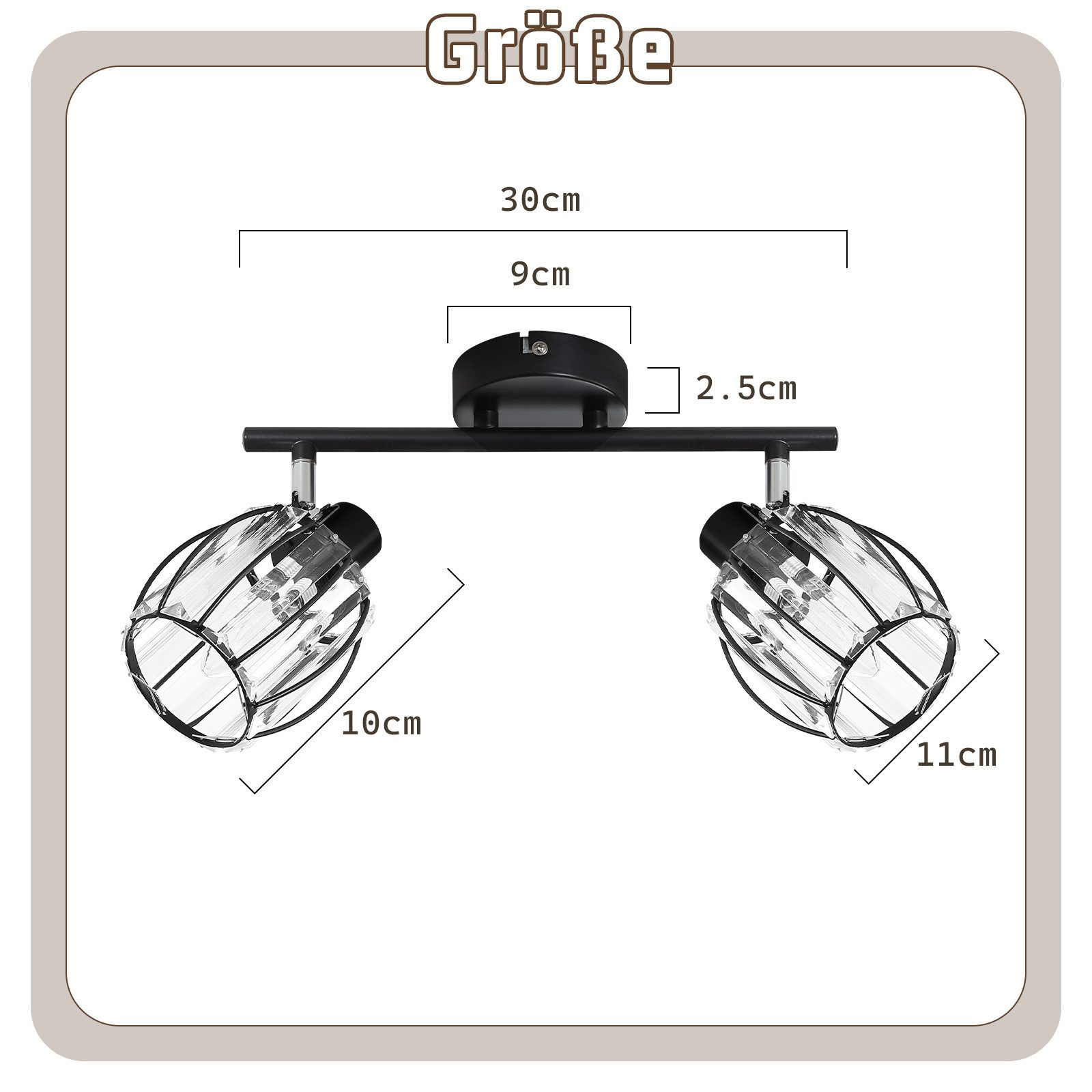 Lampa sufitowa, czarna, z dwoma światłami. Wymiary: 30 cm długości, 10 cm światła. Pokazano wymiary.