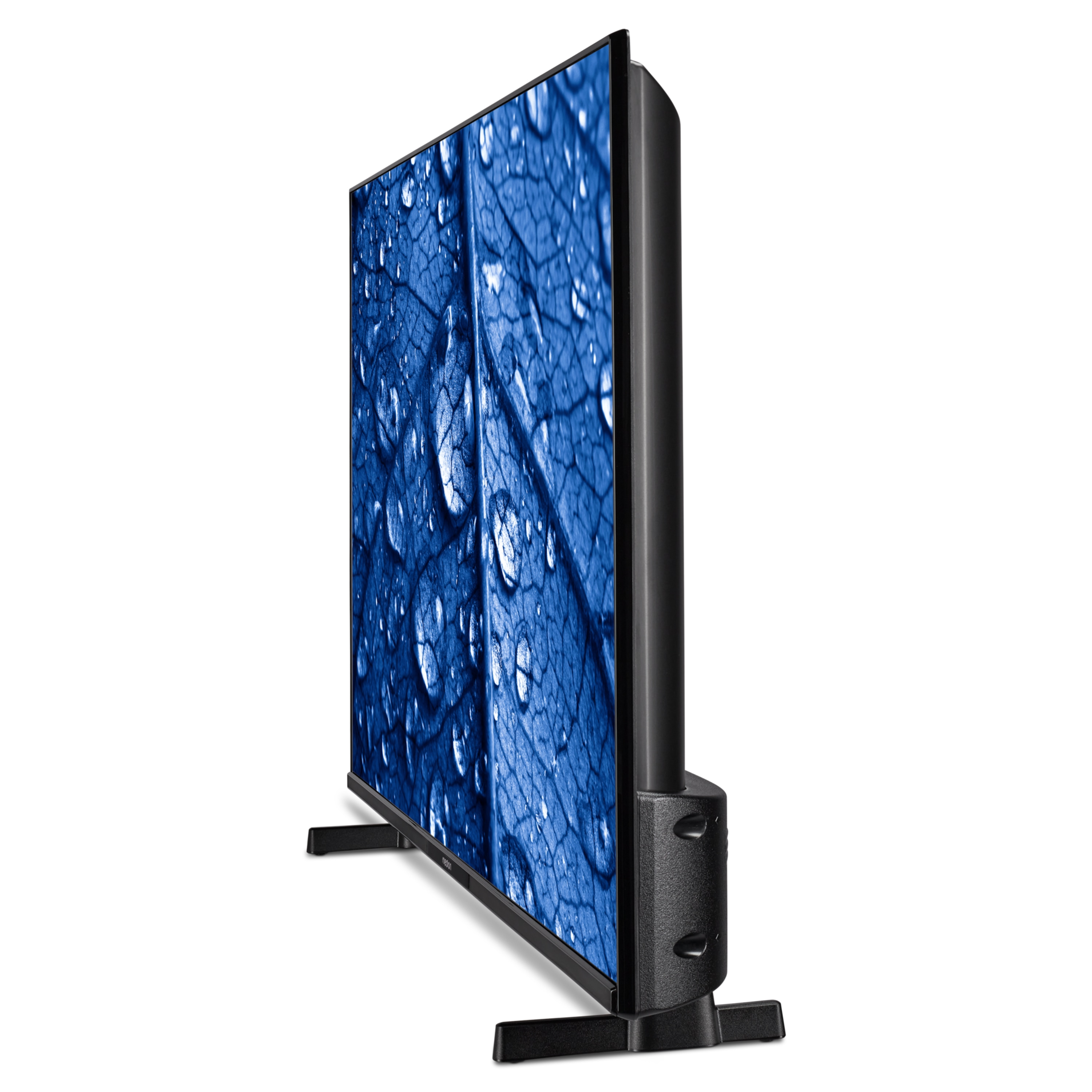 Een zijaanzicht van een tv met een blauw bladerpatroon met waterdruppels.