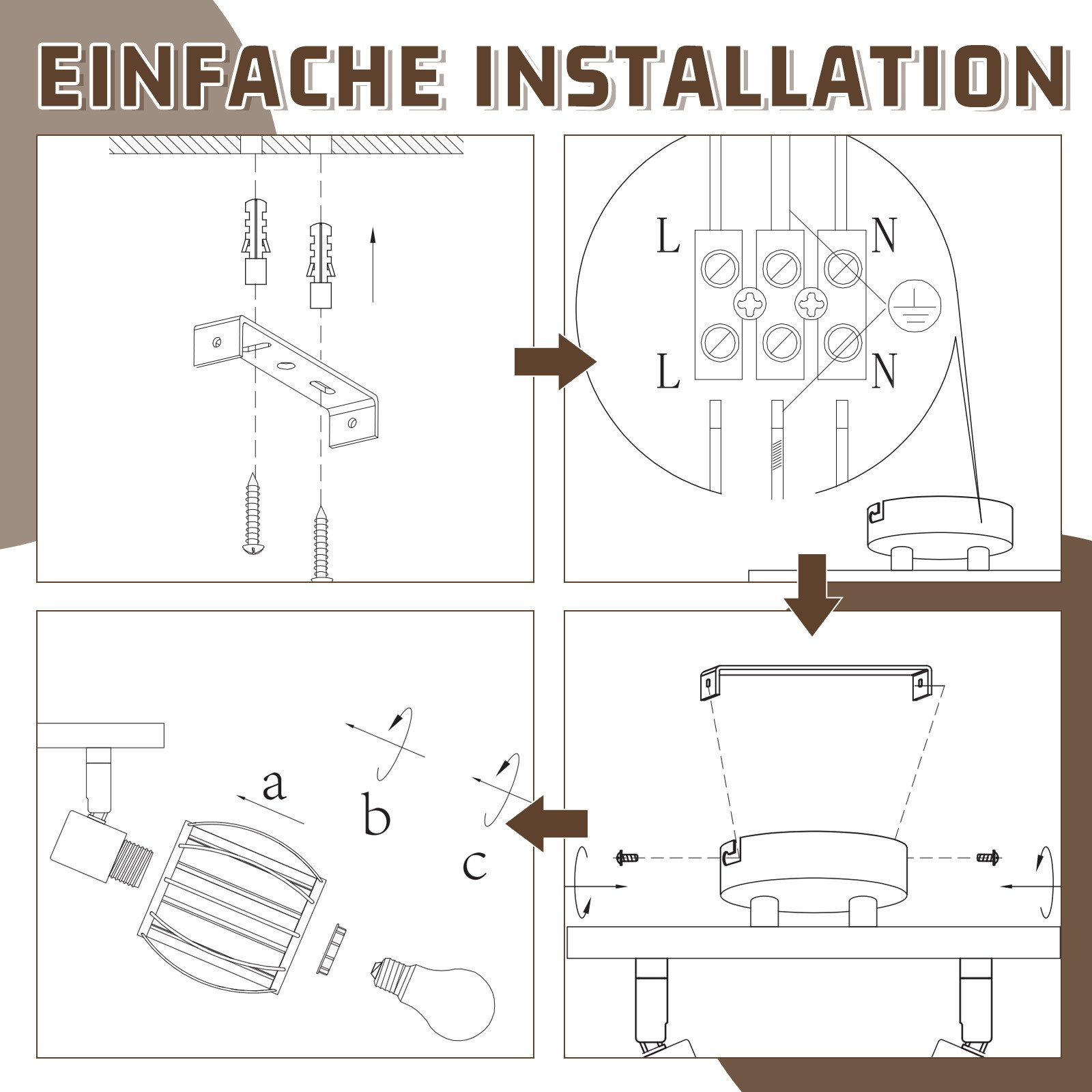 Schematy instruktażowe pokazujące instalację reflektora. Kroki obejmują wiercenie, okablowanie i mocowanie lampy.