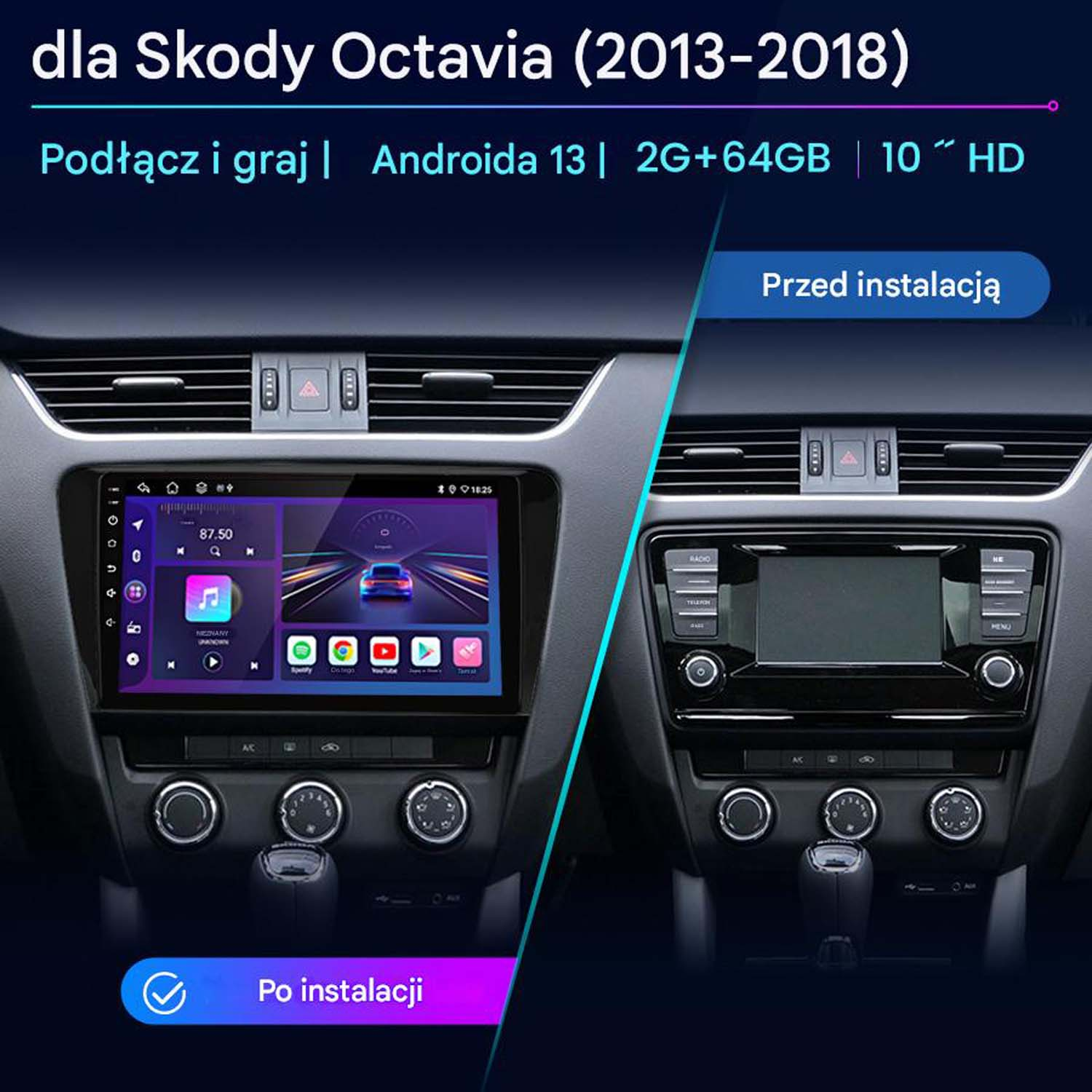 Deska rozdzielcza samochodu z interfejsem Android 13, nawigacją i różnymi ikonami aplikacji.
