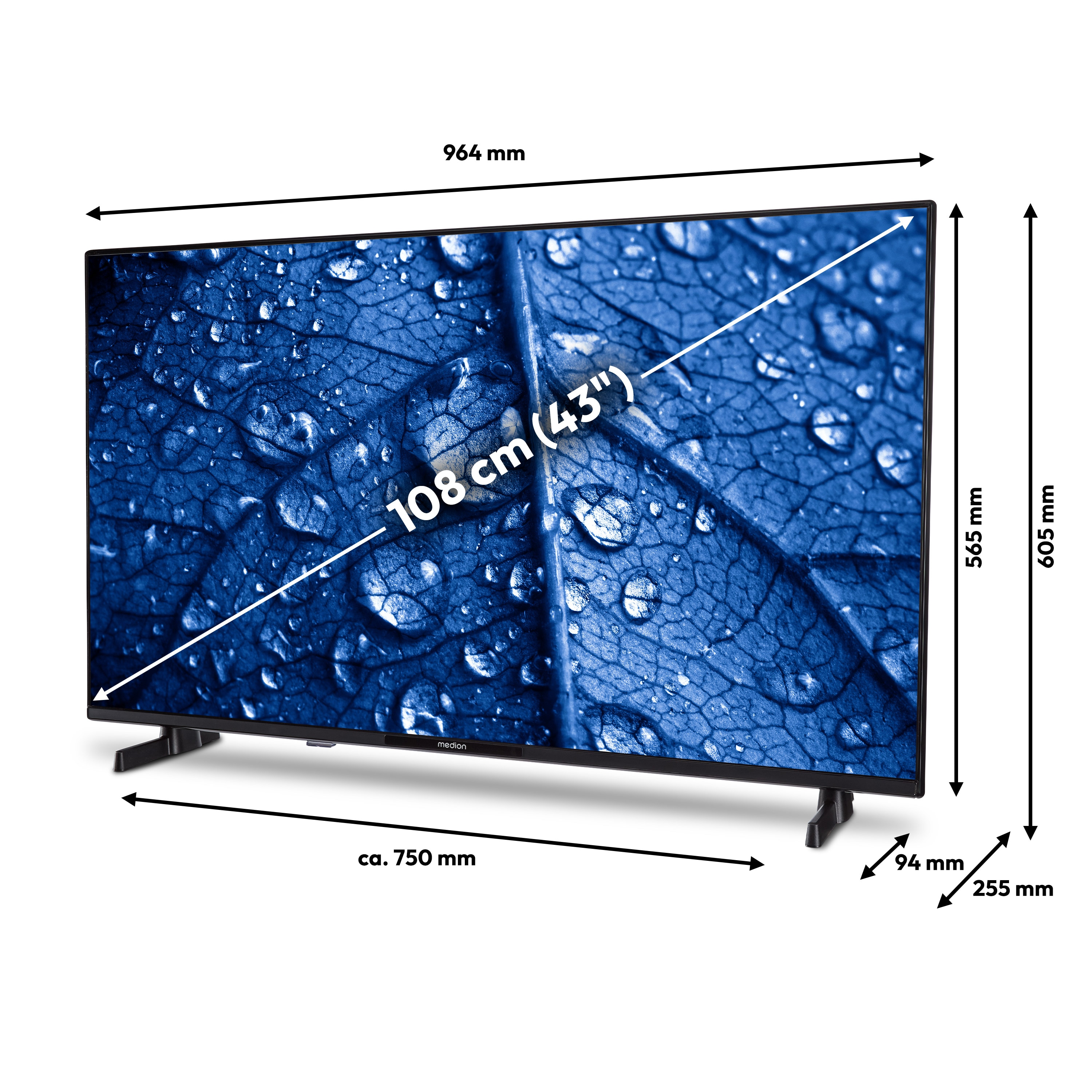 Een groot tv-scherm met een blauw blad met waterdruppels, afmetingen worden weergegeven.