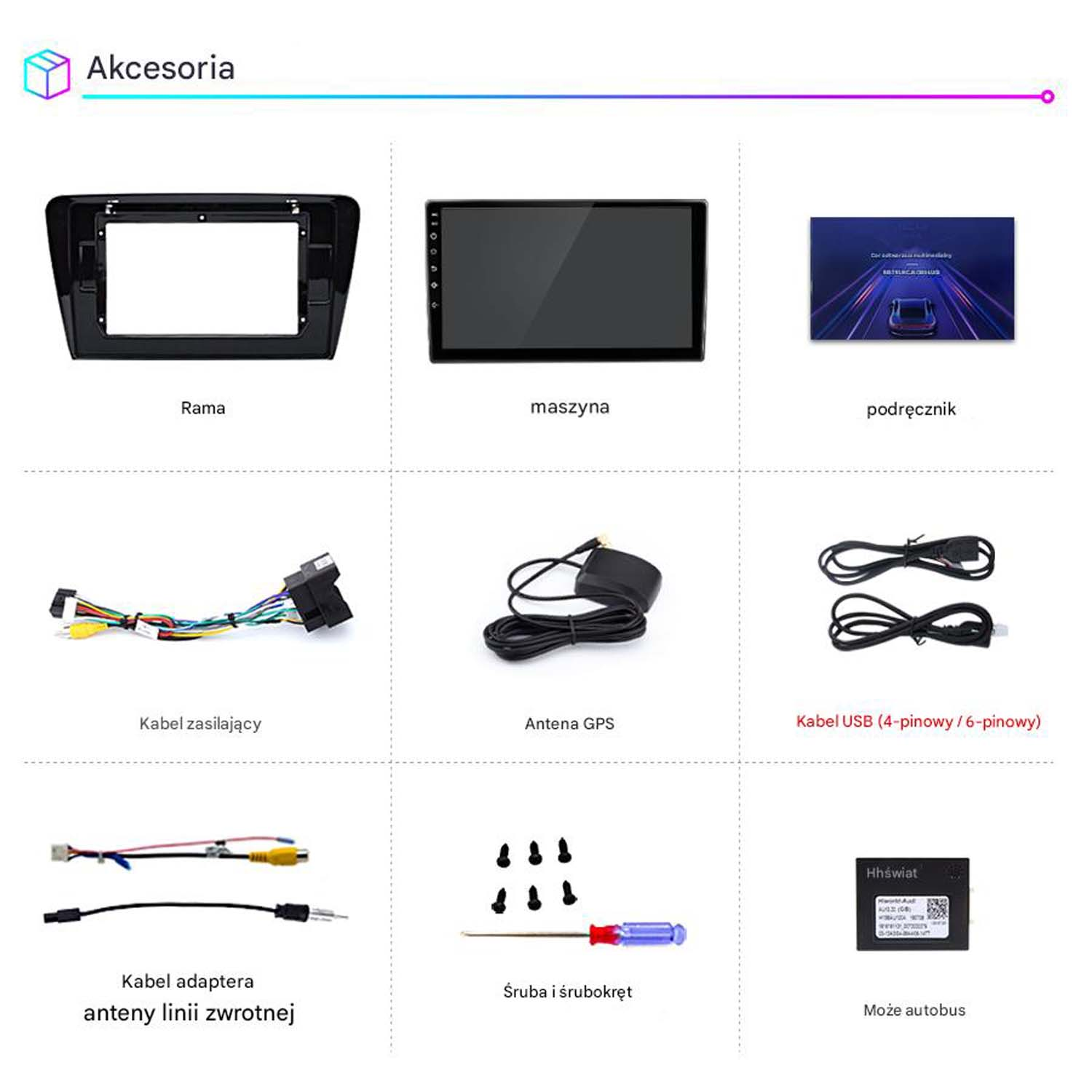 Układ akcesoriów samochodowych: rama, maszyna, instrukcja, kabel zasilający, antena GPS, kabel USB, kabel adaptera, śruby i śrubokręt.