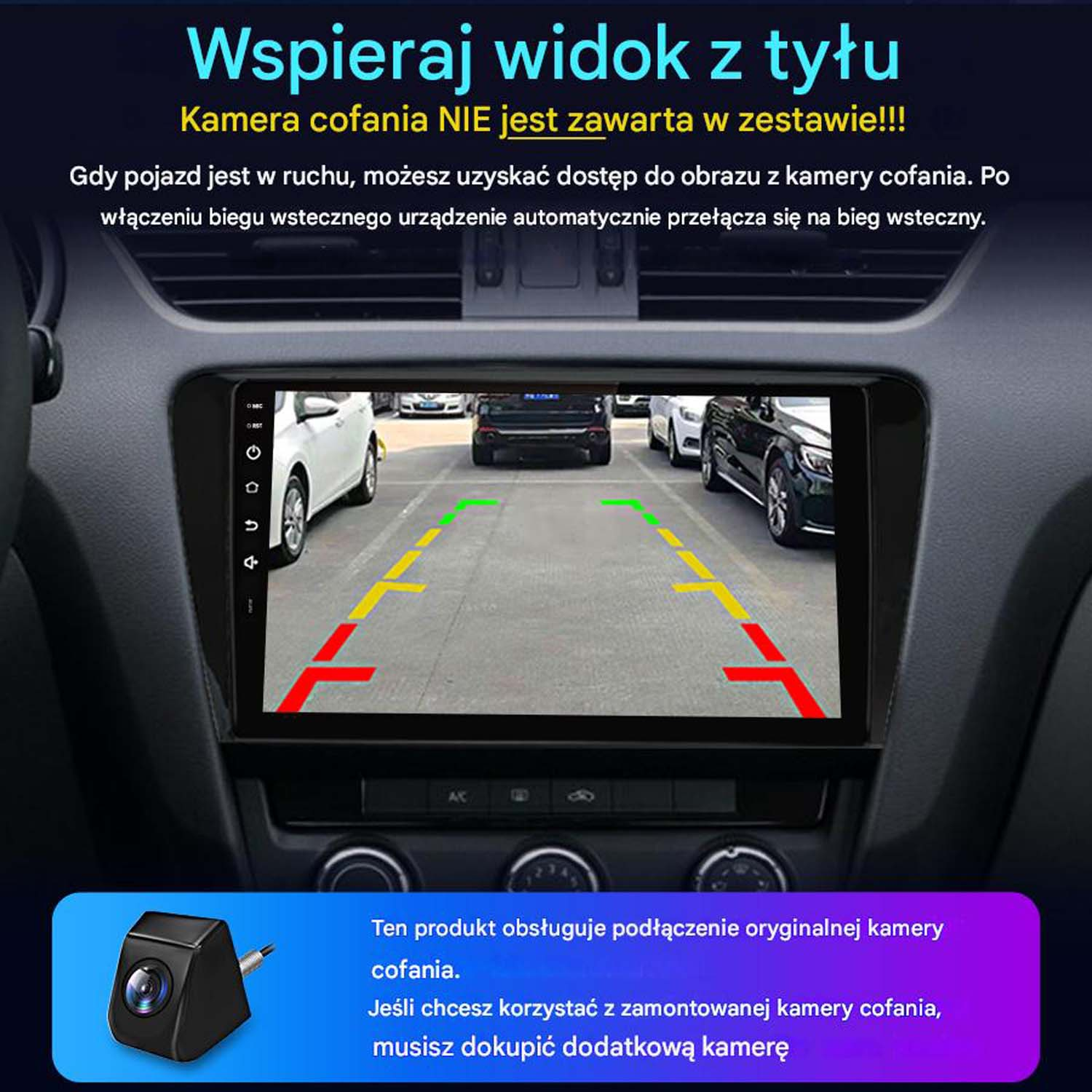 Ekran systemu informacyjno-rozrywkowego w samochodzie z widokiem z tyłu i liniami parkowania. Info po polsku. Wnętrze auta.