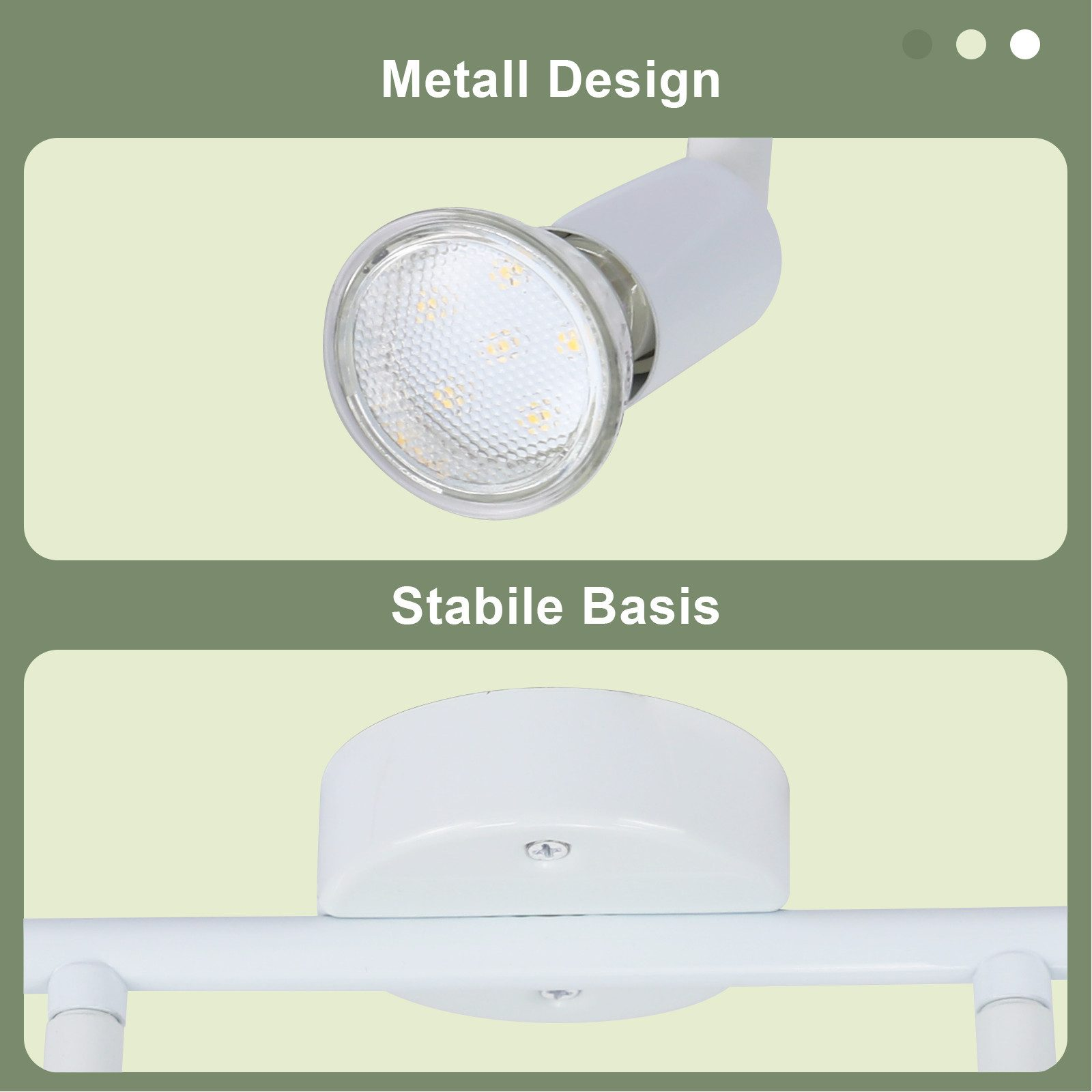 Biały reflektor z metalowym designem. Podstawa jest stabilna. Zamontowany na szynie.