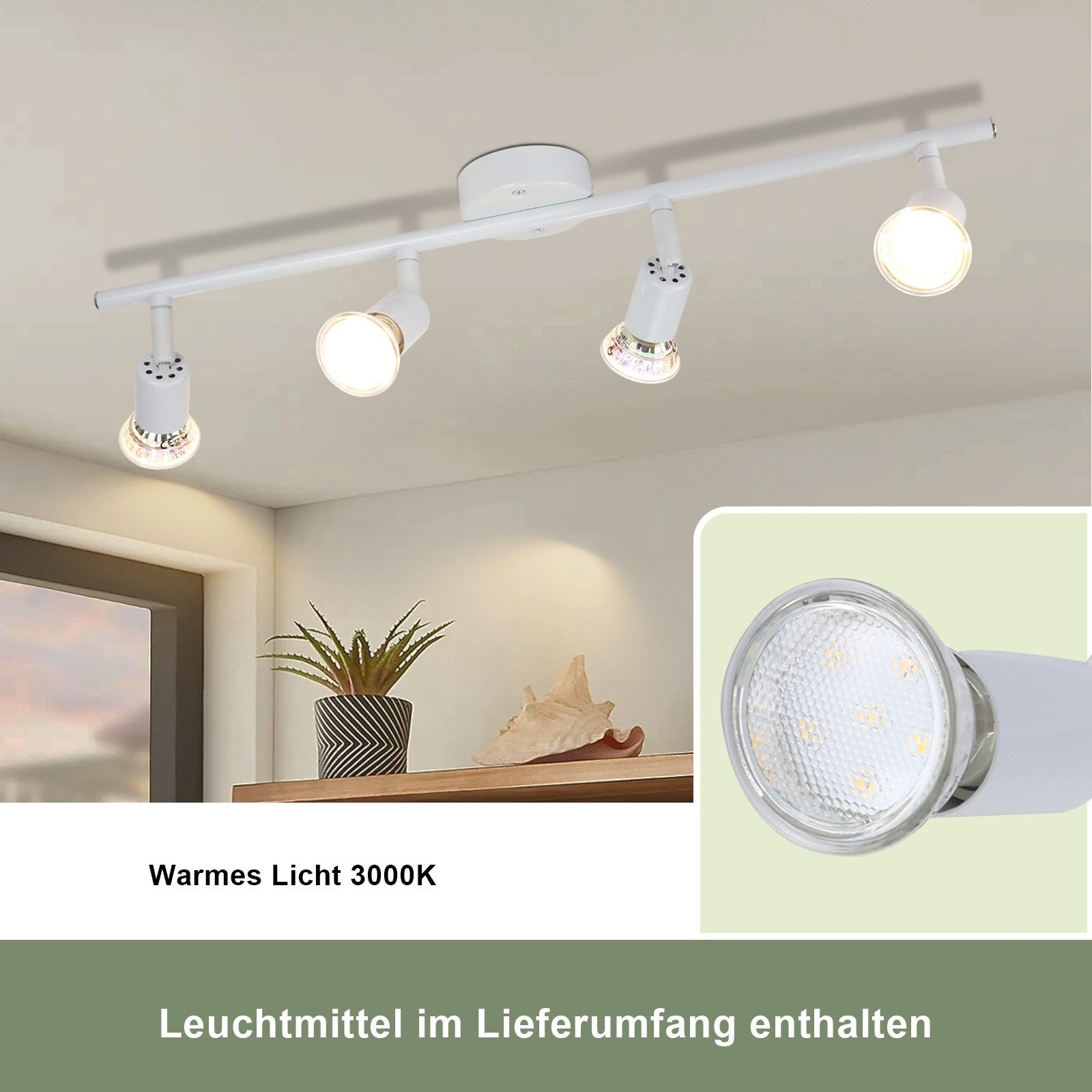 Biały reflektor szynowy sufitowy z żarówkami i zbliżeniem reflektora.