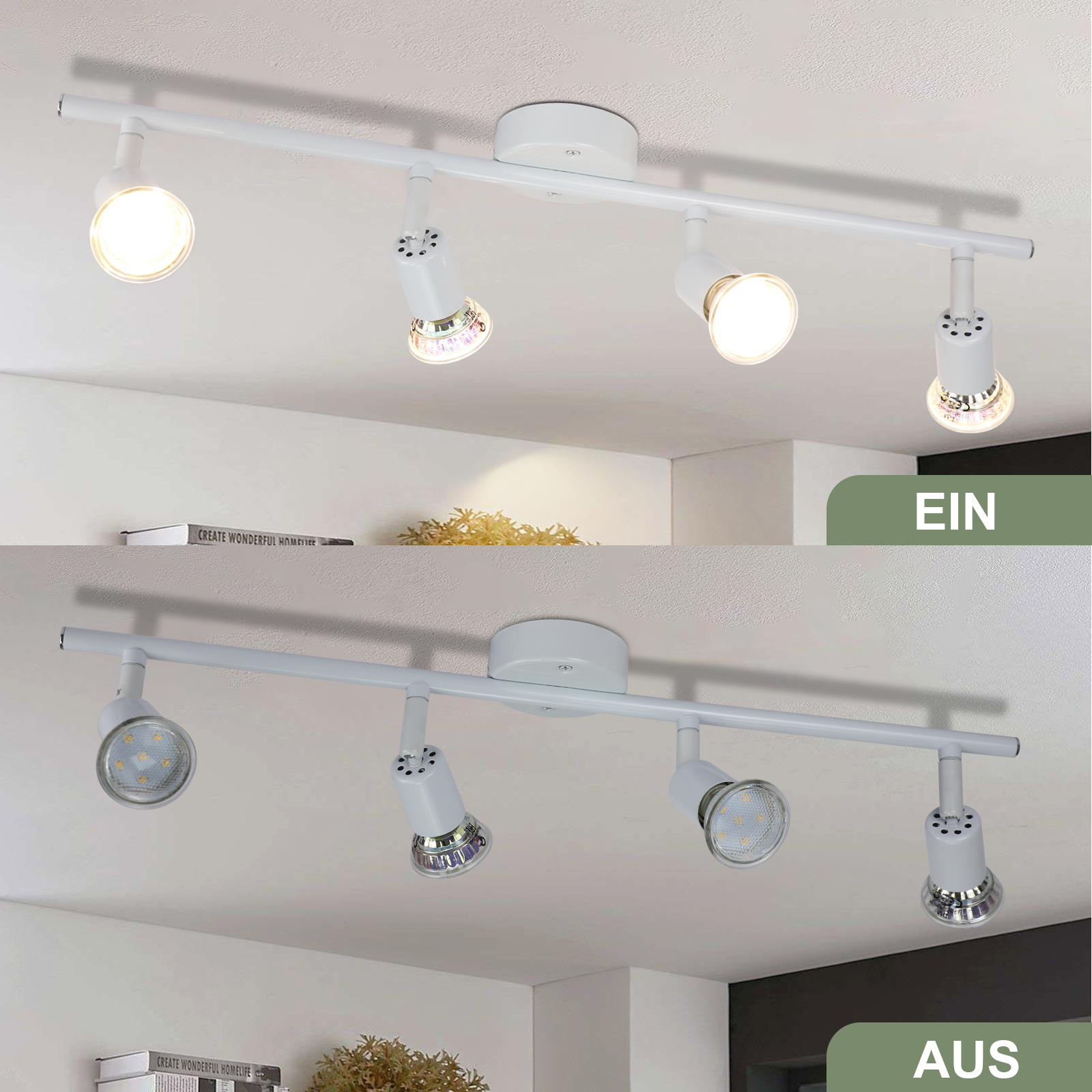 Dwa obrazy białej lampy sufitowej. Jeden jest włączony, drugi wyłączony. Ma cztery reflektory.