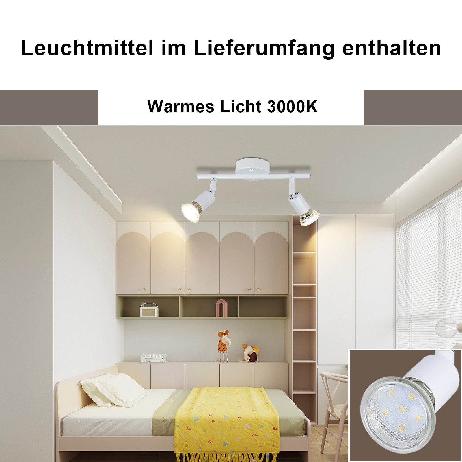 Sypialnia z łóżkiem, białym reflektorem sufitowym i zbliżeniem reflektora.