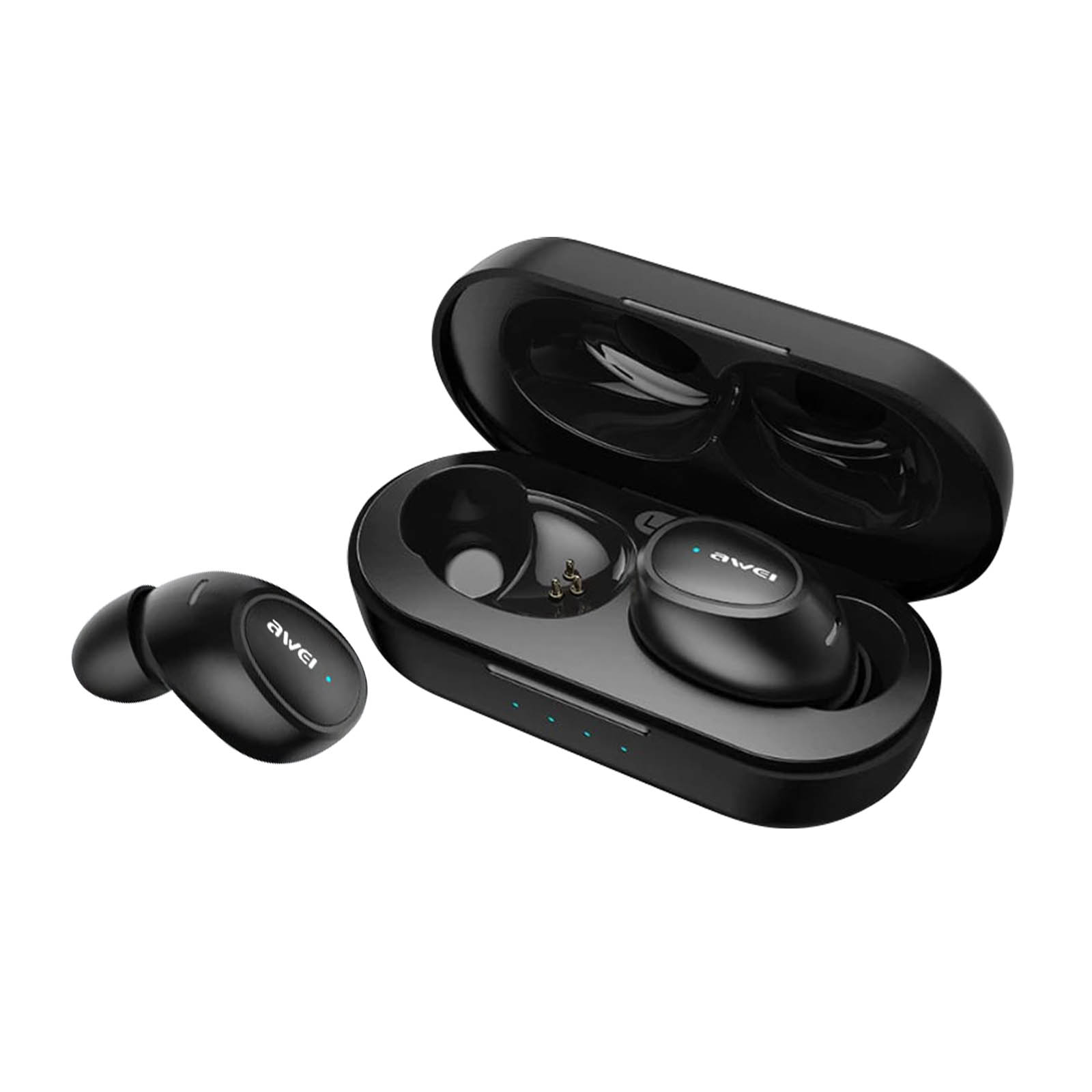 Auricolari wireless neri in una custodia di ricarica. Un auricolare è fuori, uno dentro.
