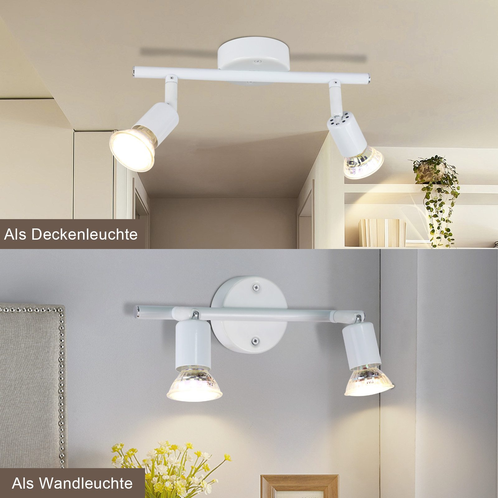 Dwa obrazy białej lampy sufitowej z dwoma reflektorami. Jeden na suficie, jeden na ścianie.