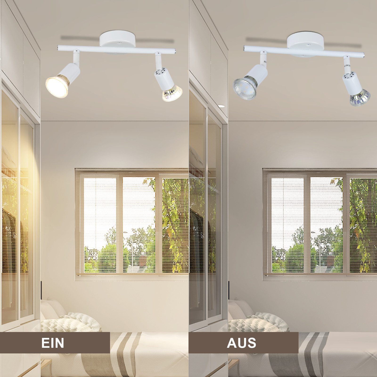 Dwa obrazy białej lampy sufitowej z dwoma reflektorami, jeden włączony i jeden wyłączony, w sypialni.