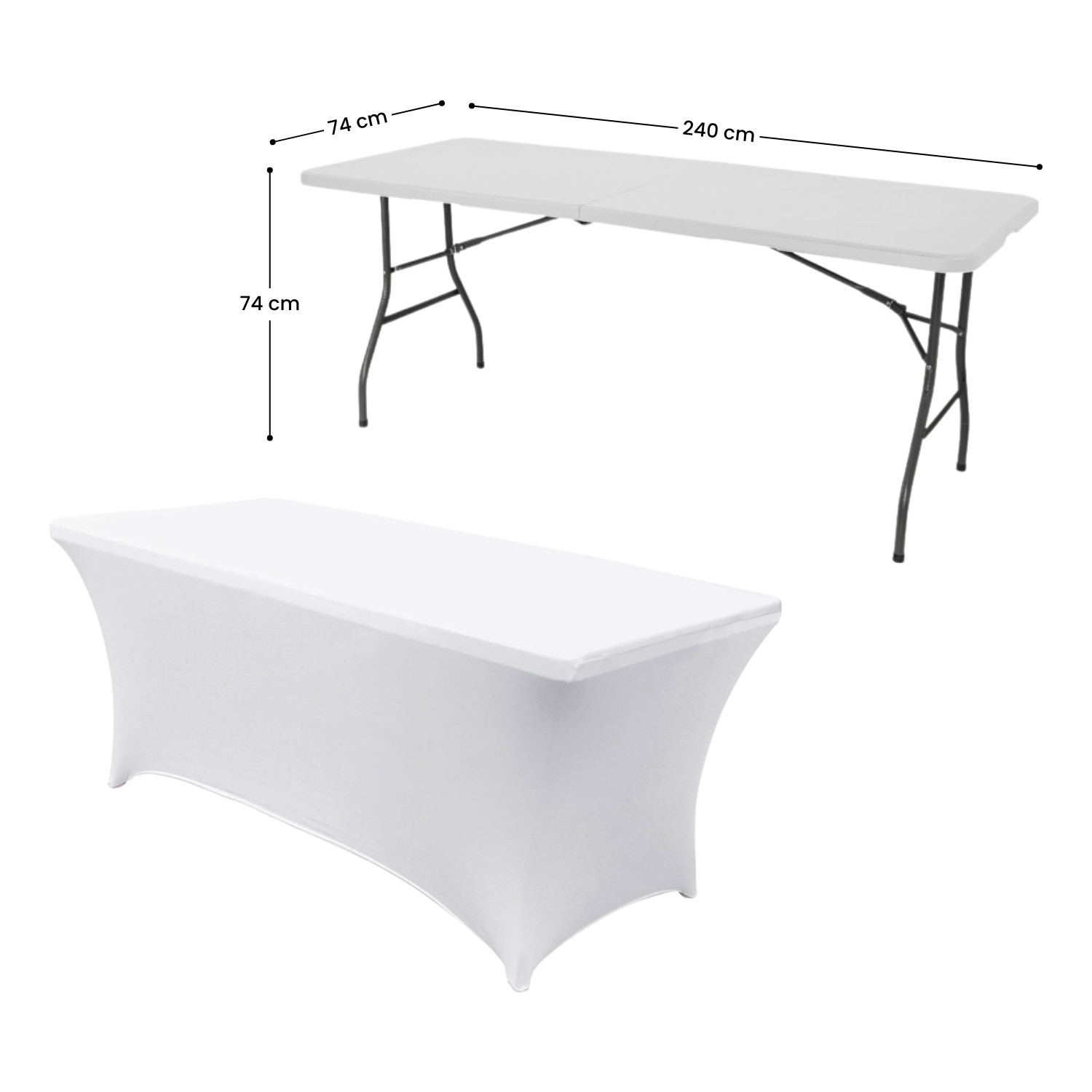 Dos imágenes de una mesa plegable blanca y una funda de mesa blanca, con dimensiones en la imagen.