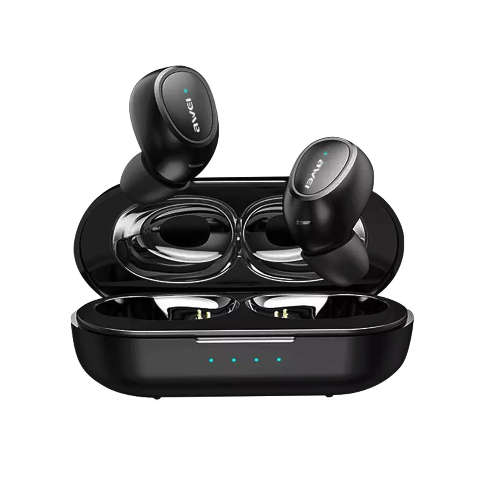 Auricolari wireless neri in una custodia di ricarica. La custodia è aperta. Sfondo bianco.