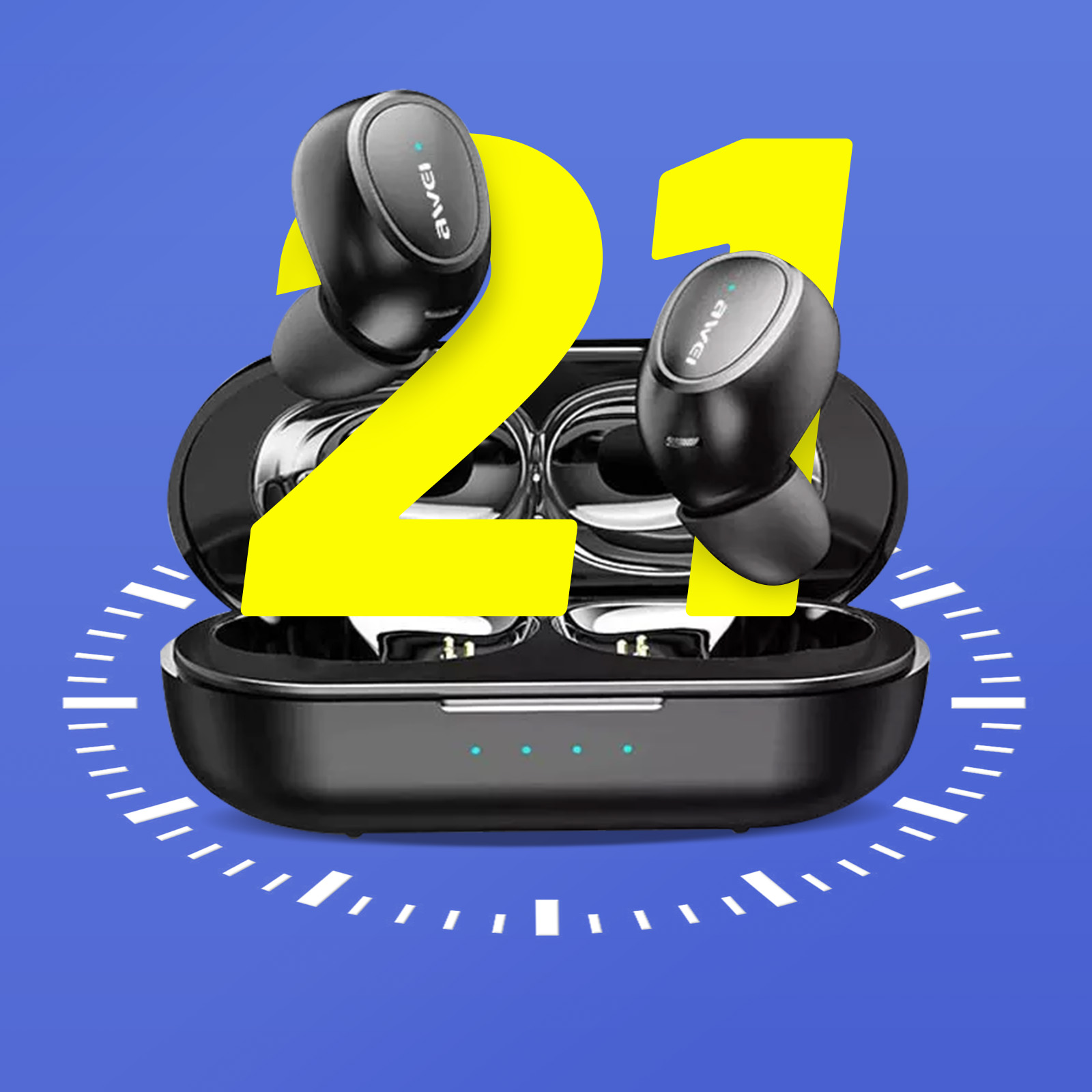 Auricolari neri in custodia di ricarica. Un grande '21' giallo e un design circolare a forma di orologio.
