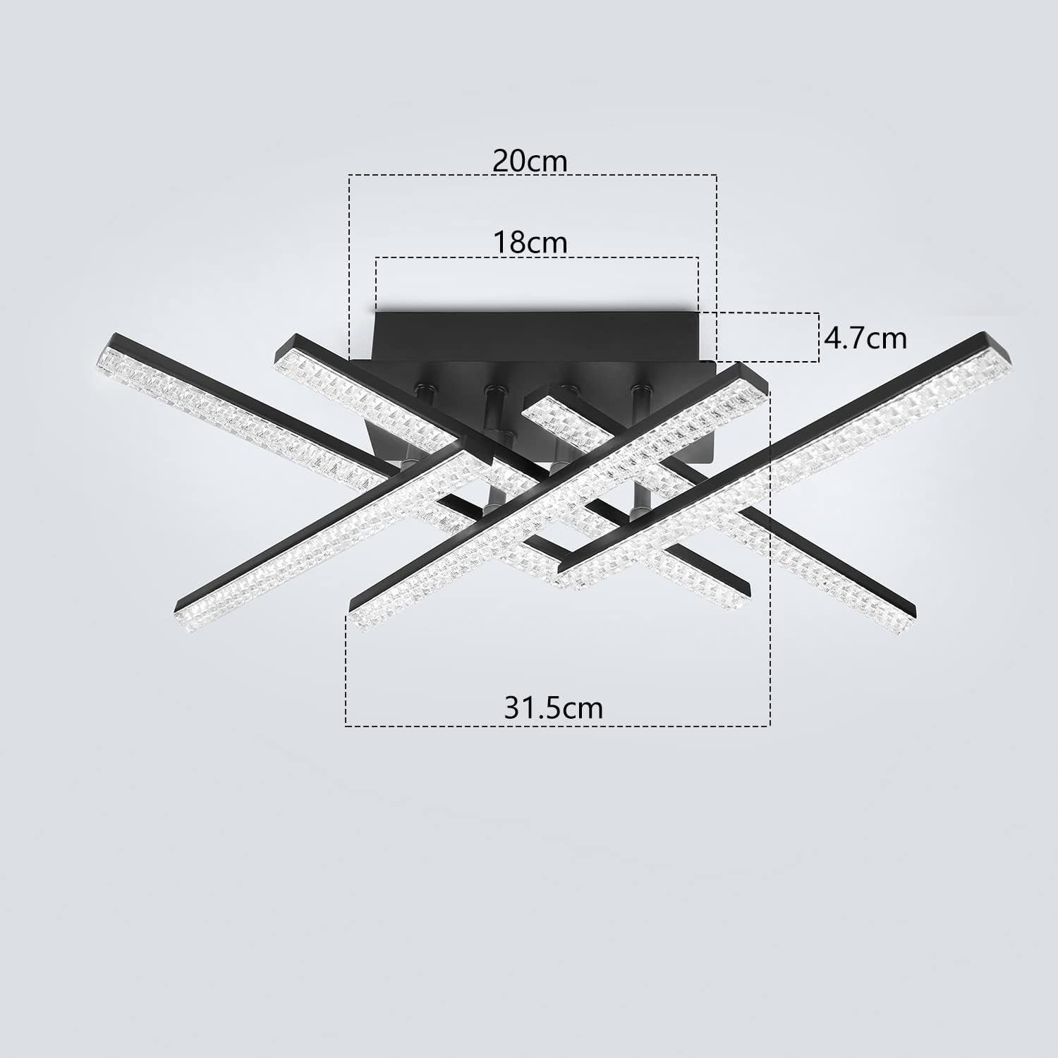 Lampa sufitowa z kryształowymi prętami, wymiary: 20cm, 18cm, 31,5cm i 4,7cm. Białe tło.