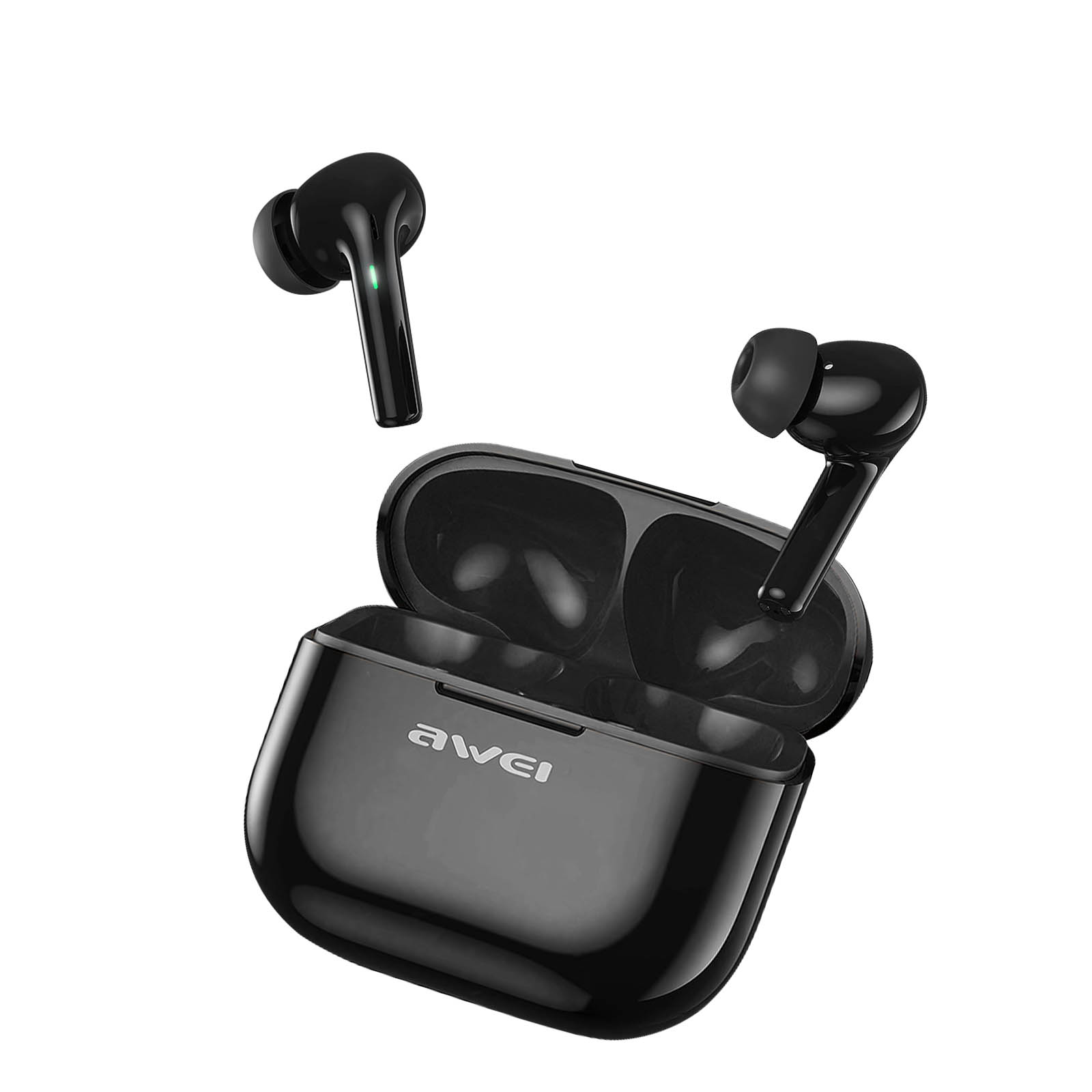 Auricolari wireless neri nella custodia di ricarica. Un auricolare è fuori dalla custodia. Sfondo bianco.