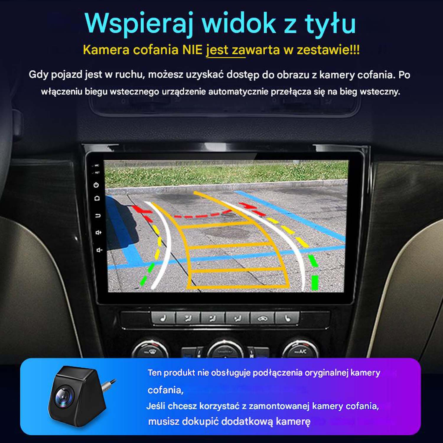 Ekran deski rozdzielczej samochodu z widokiem kamery cofania i tekstem po polsku.