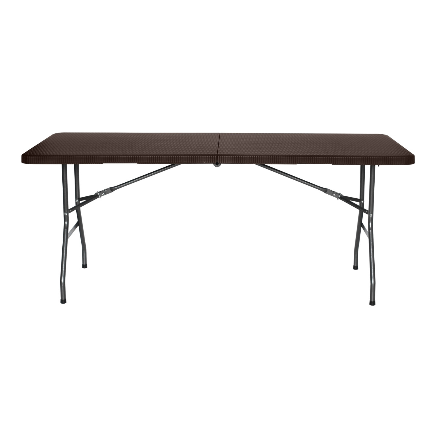 Mesa plegable marrón con superficie texturizada y patas metálicas negras, vista frontal.