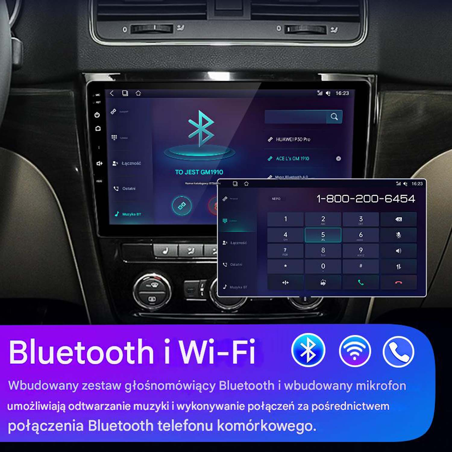 Ekran deski rozdzielczej samochodu z ikonami Bluetooth i Wi-Fi oraz tekstem.