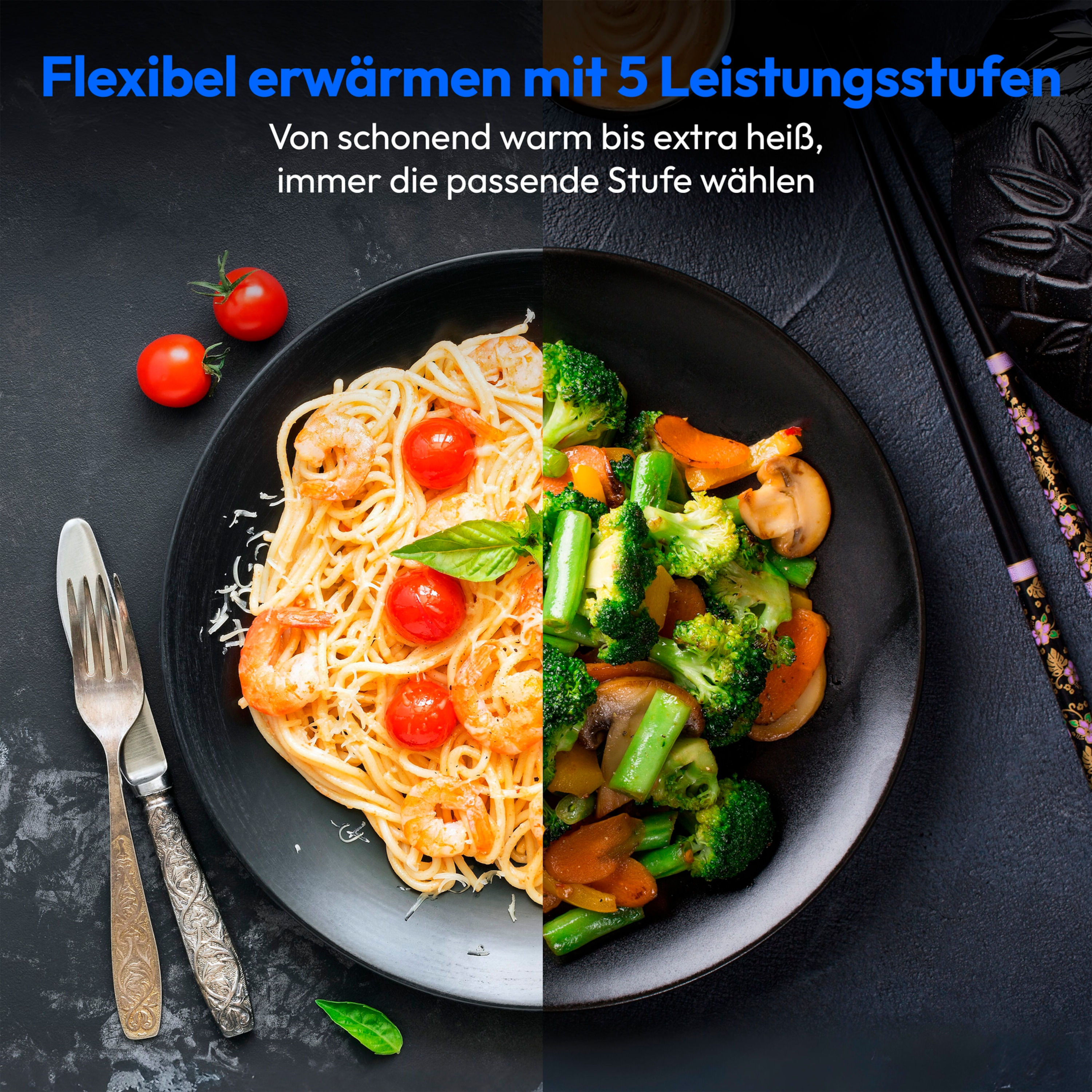 Spaghetti con gamberi e pomodorini, broccoli e carote.