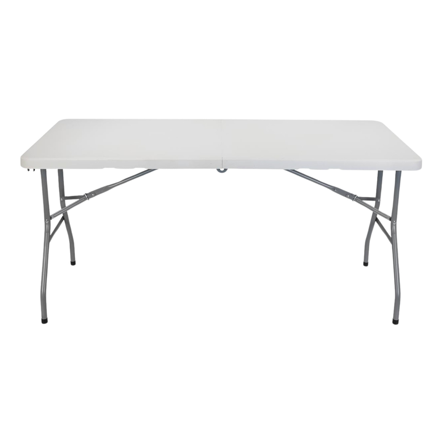 Mesa plegable blanca, patas extendidas, sobre fondo blanco.