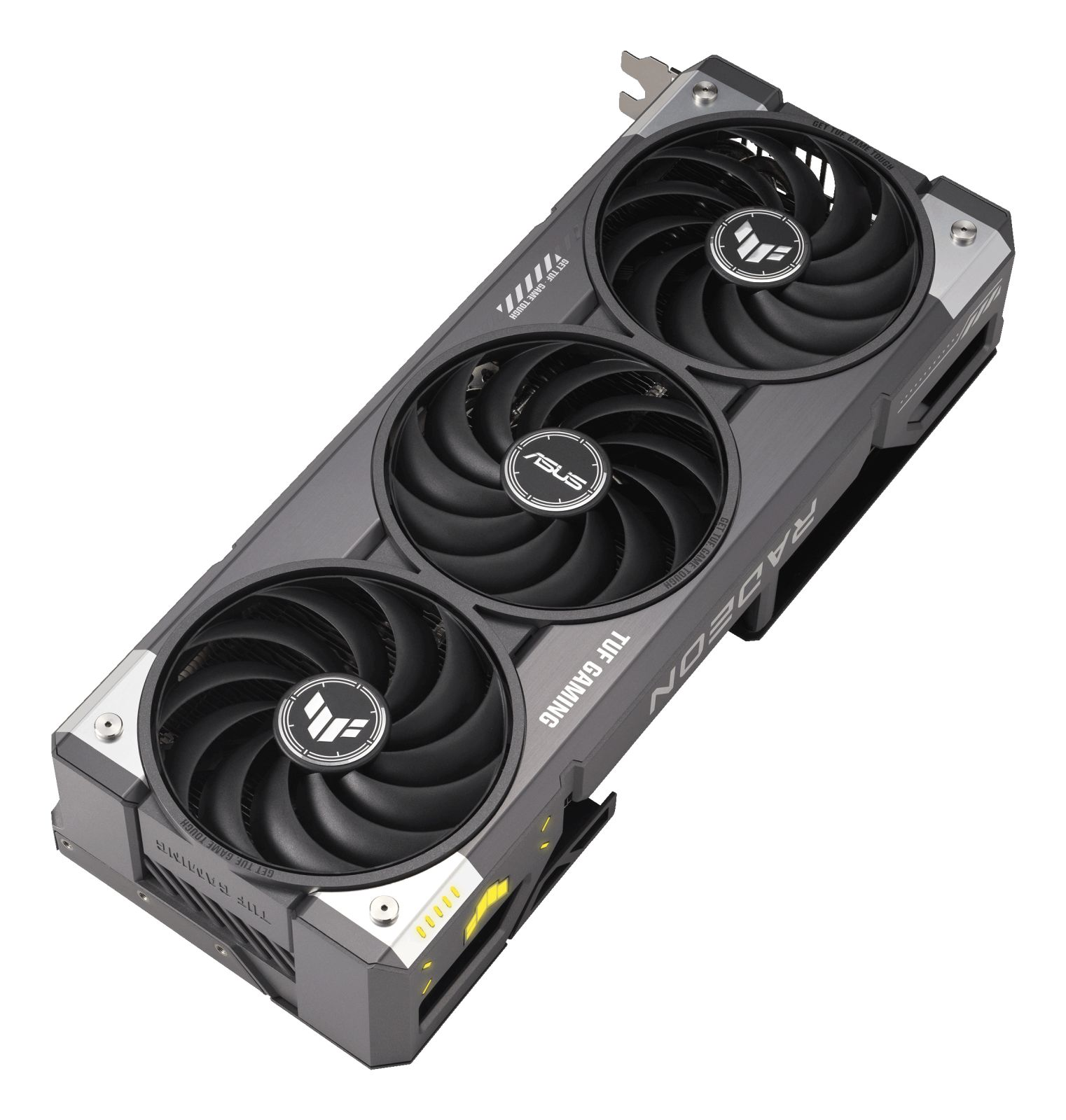 Eine schräge Ansicht einer ASUS TUF Gaming Radeon Grafikkarte mit drei Lüftern.