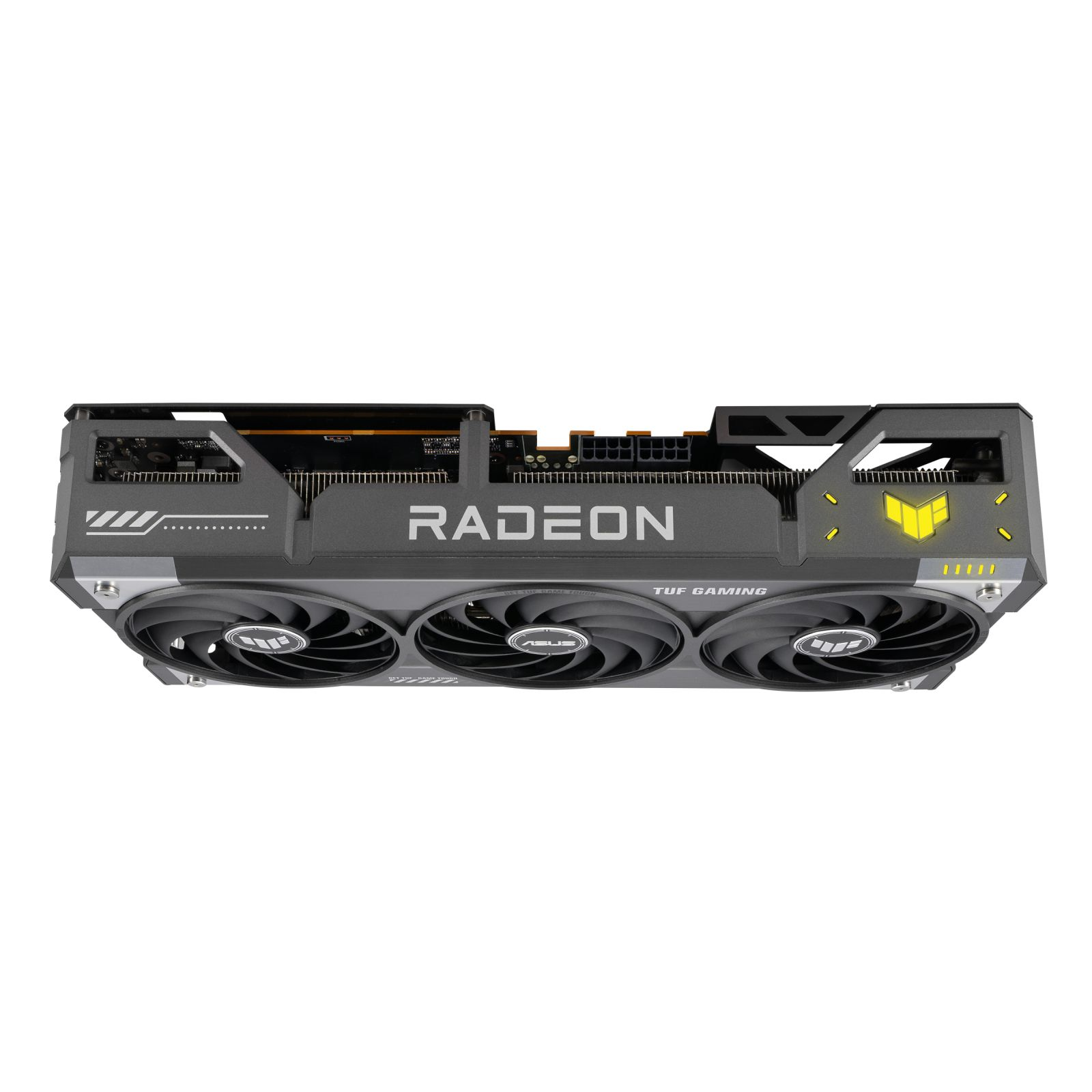 Draufsicht auf eine graue ASUS TUF Gaming Radeon Grafikkarte mit drei Lüftern.