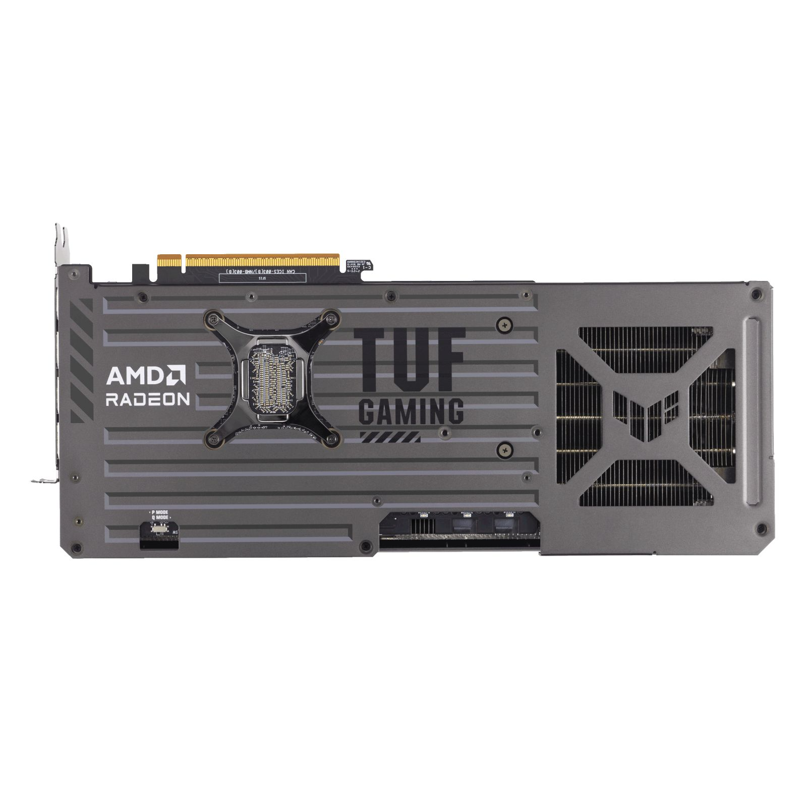 Eine AMD Radeon TUF Gaming Grafikkarte mit der Rückseite nach oben.
