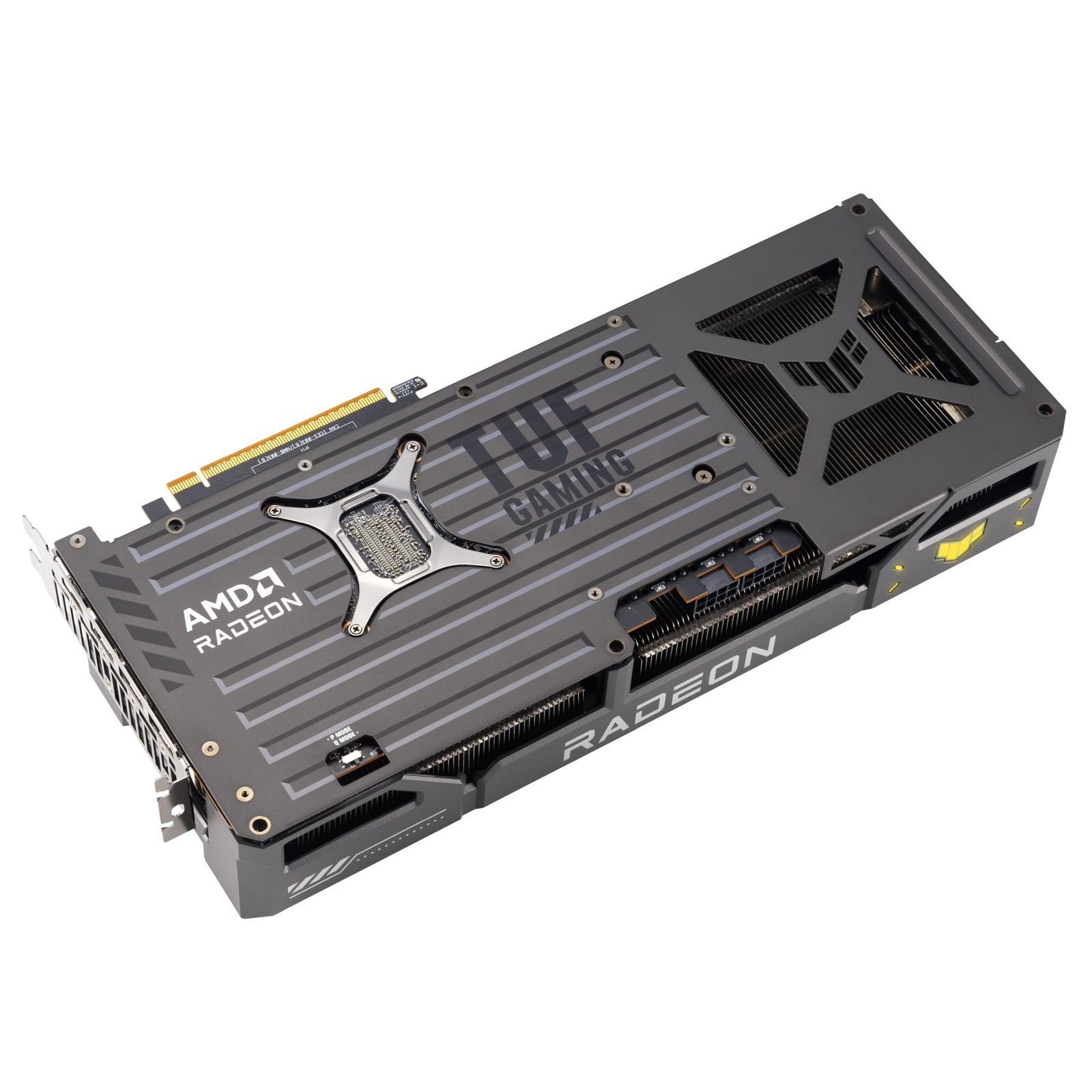 Eine AMD Radeon TUF Gaming Grafikkarte, mit der Rückseite nach oben.