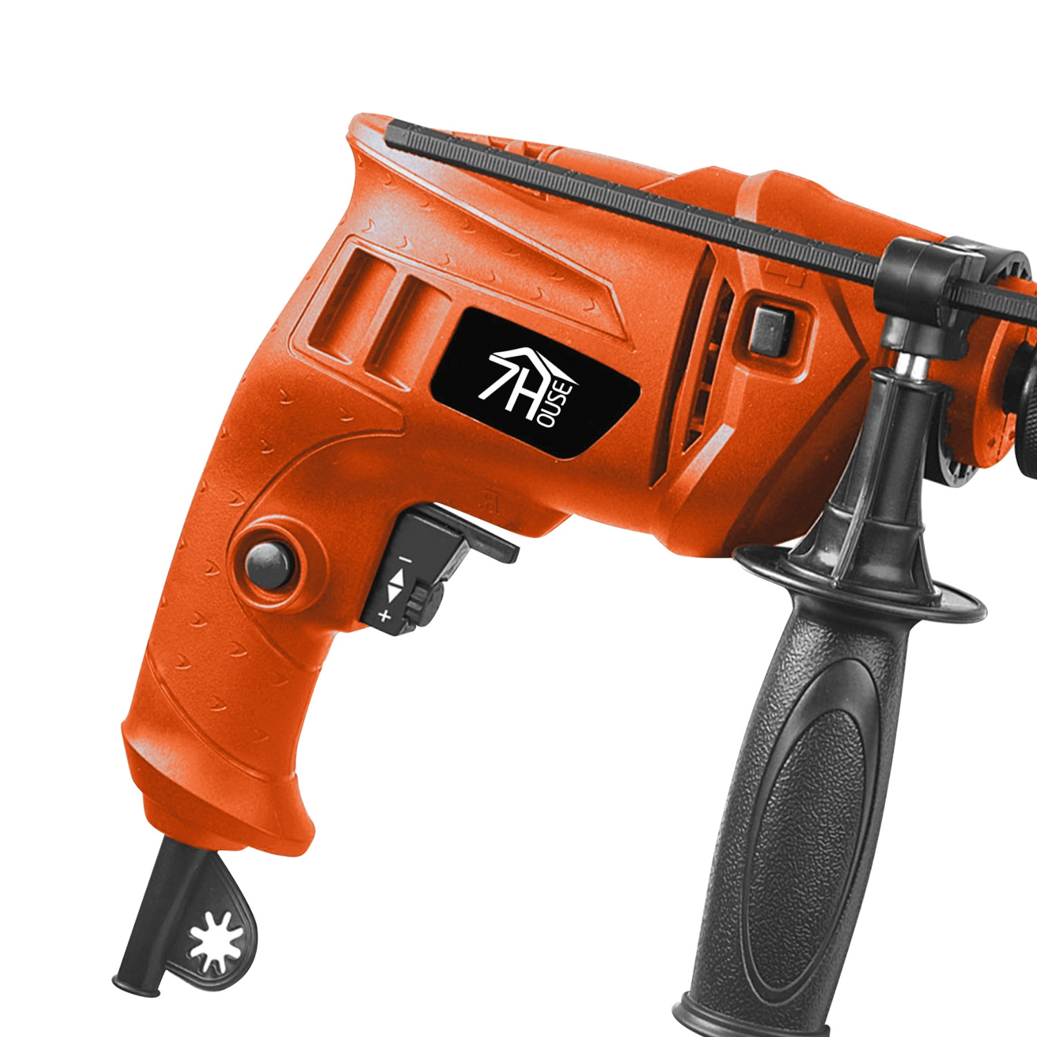 Taladro eléctrico naranja con mango negro sobre fondo blanco. El taladro tiene un mango negro.