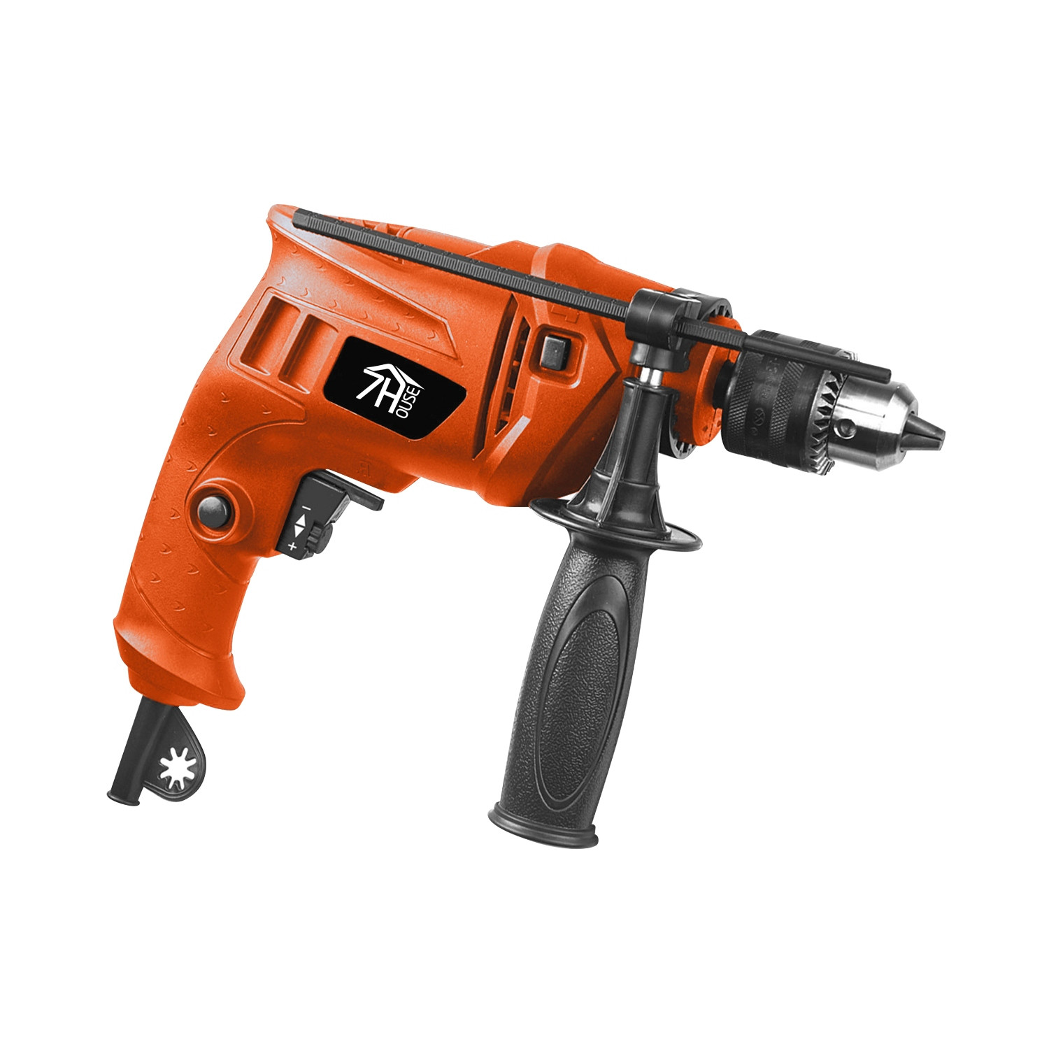 Taladro eléctrico naranja y negro sobre fondo blanco. Tiene un mango negro y una broca plateada.