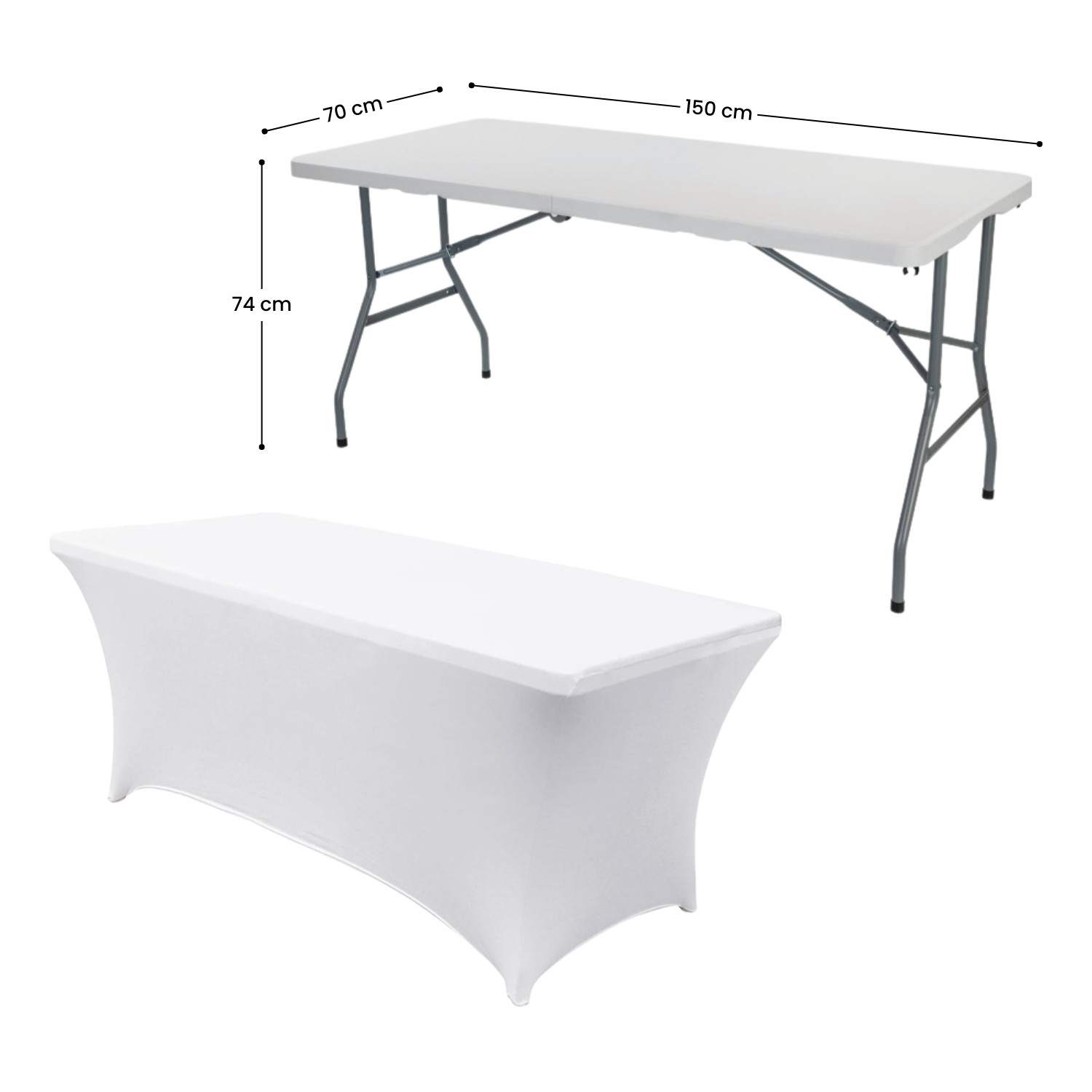 Mesa plegable blanca y una funda. La mesa mide 150 cm de largo.