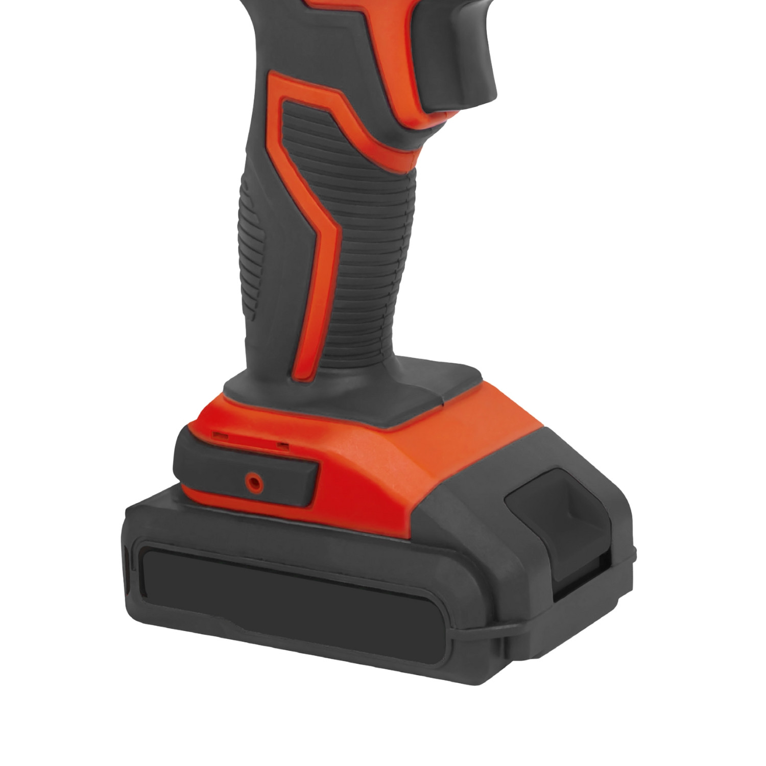 Primer plano de la base de un taladro inalambrico naranja y negro. La batería es negra.